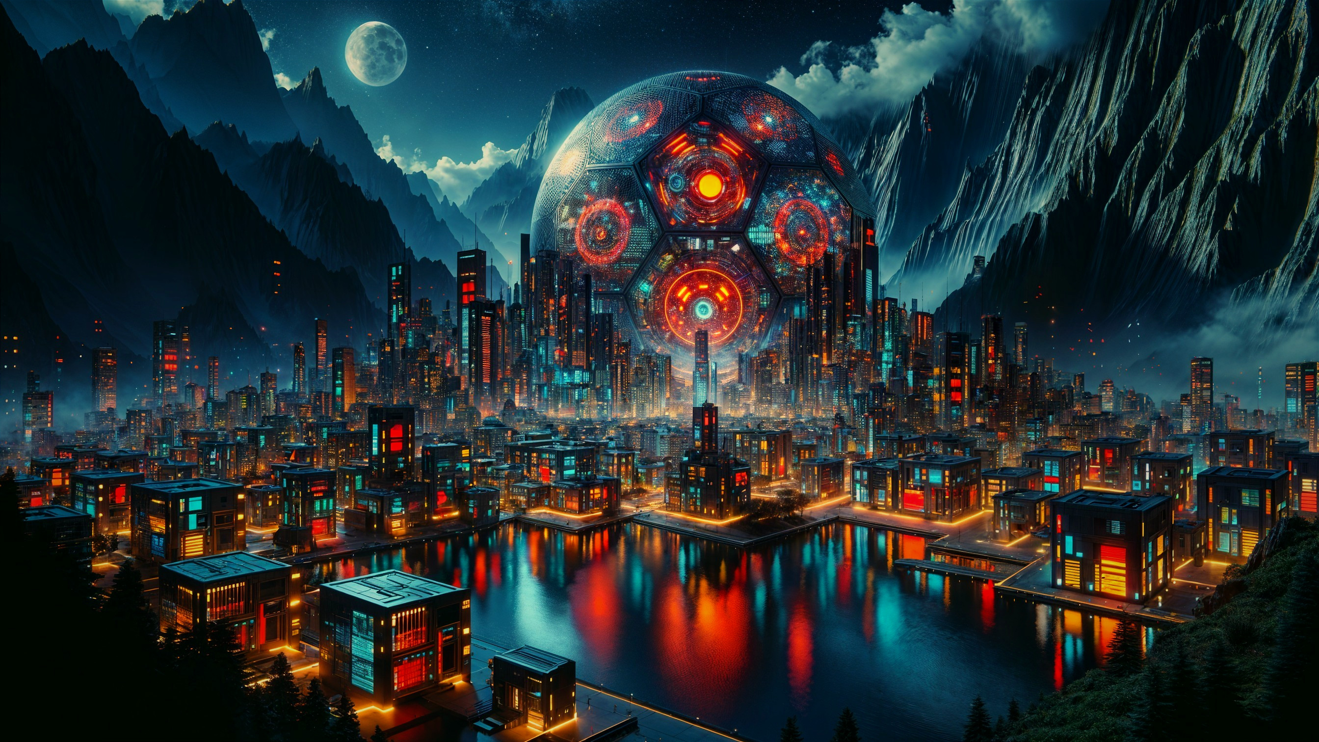 Futuristic cityscape with neon lights and mountains
