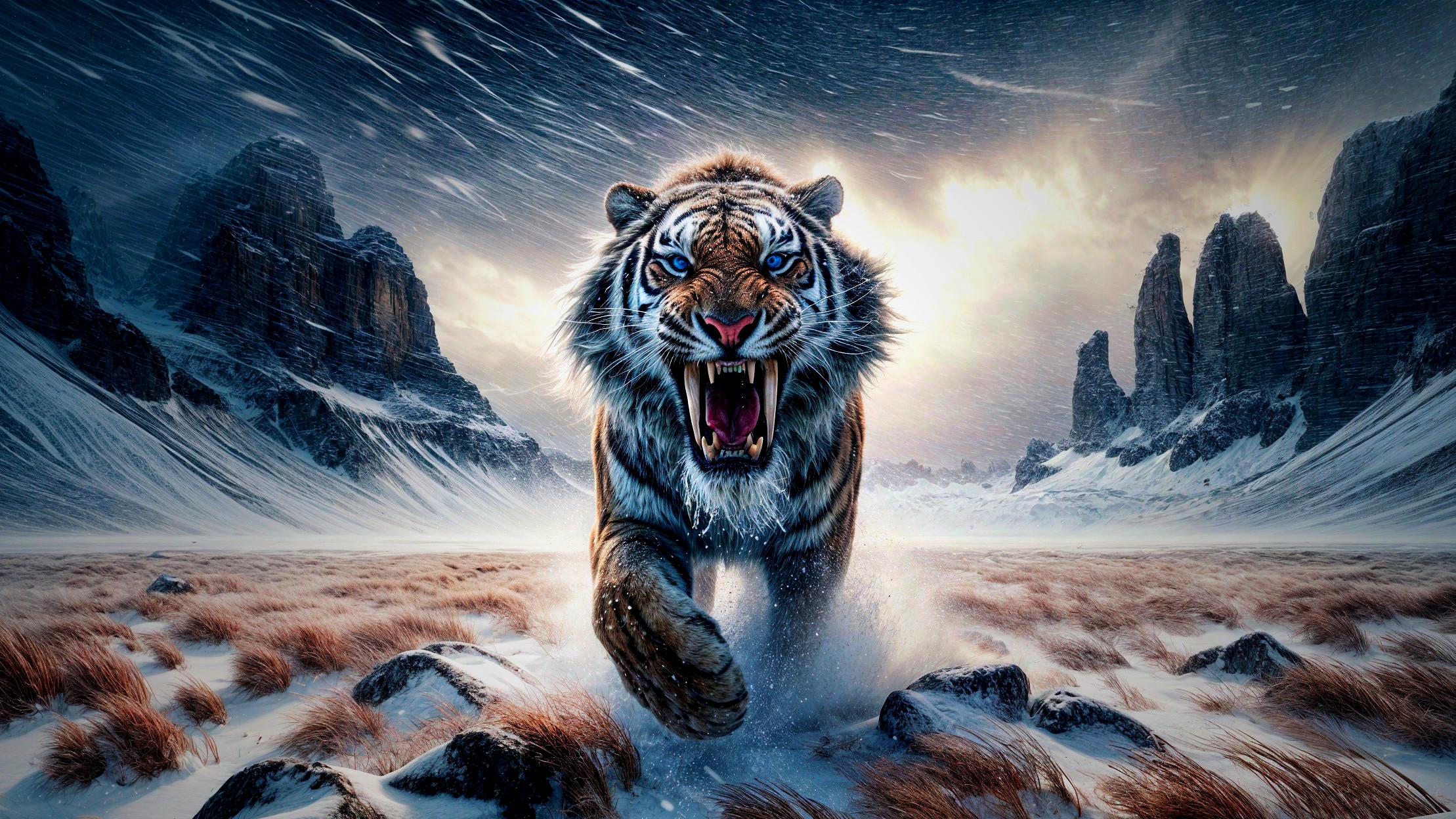 Tiger in Snowy Landscape with Mountains and Dramatic Sky