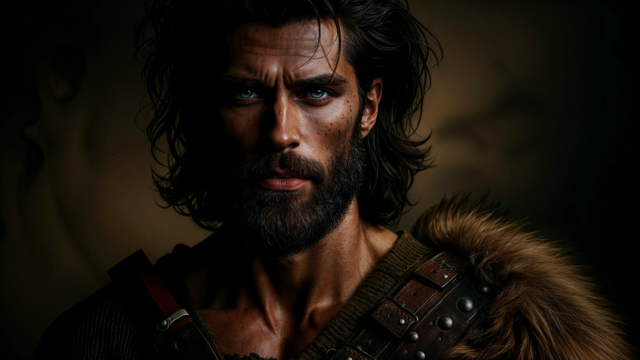 Portrait of a Rugged Man with Long Hair and Beard