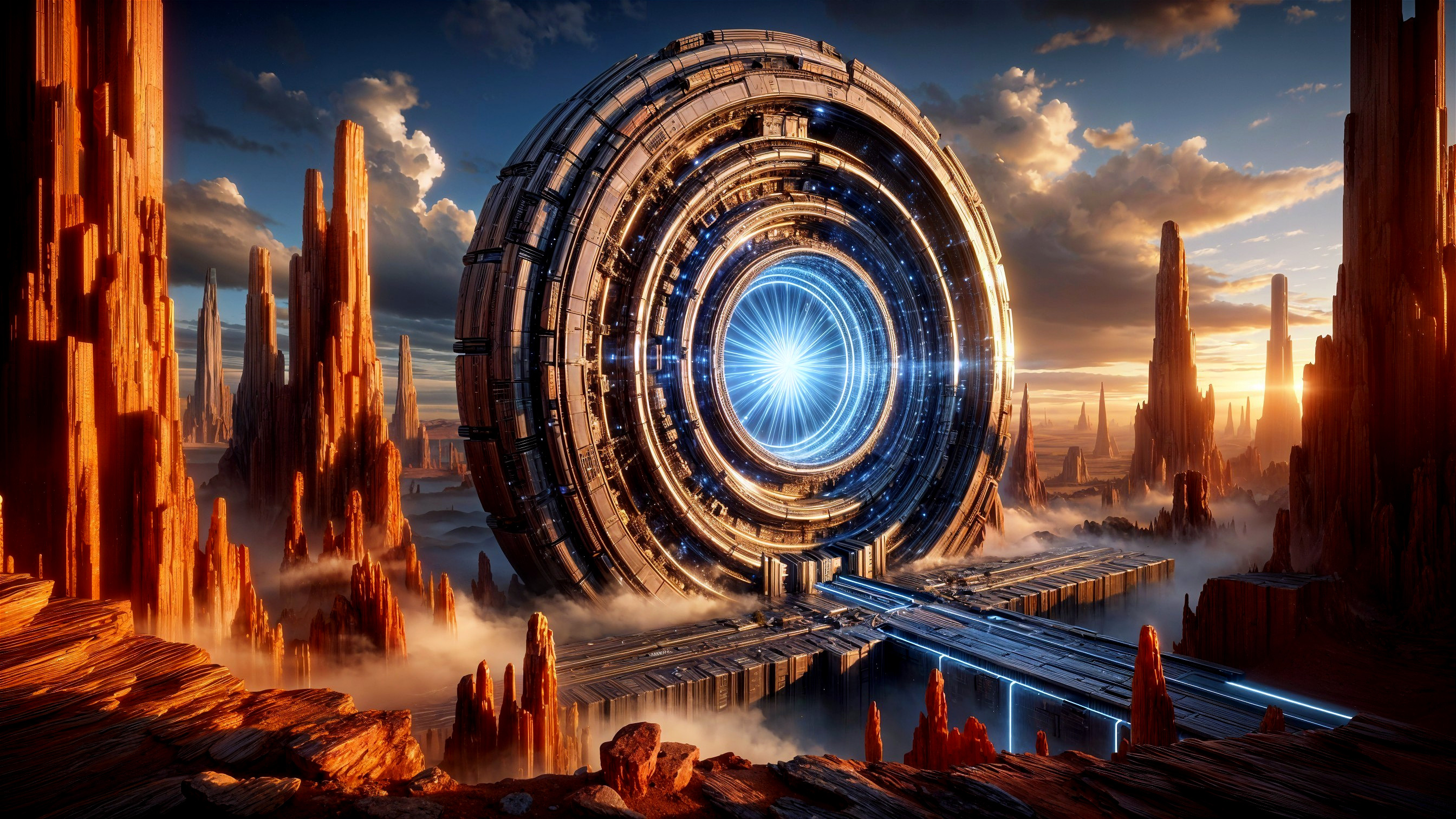 Futuristic portal in a dramatic alien landscape