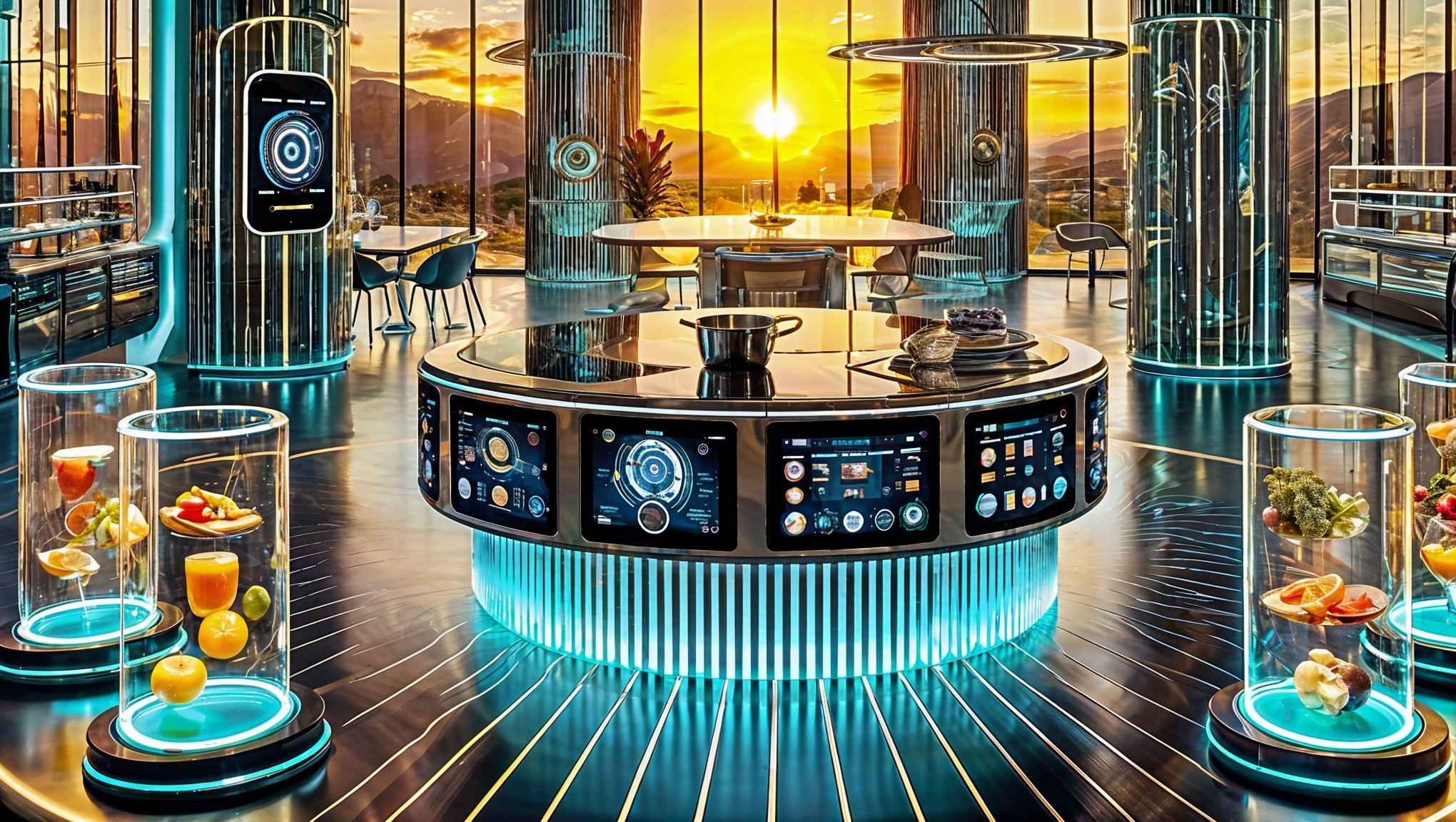 Futuristic kitchen with high-tech appliances and sunset view