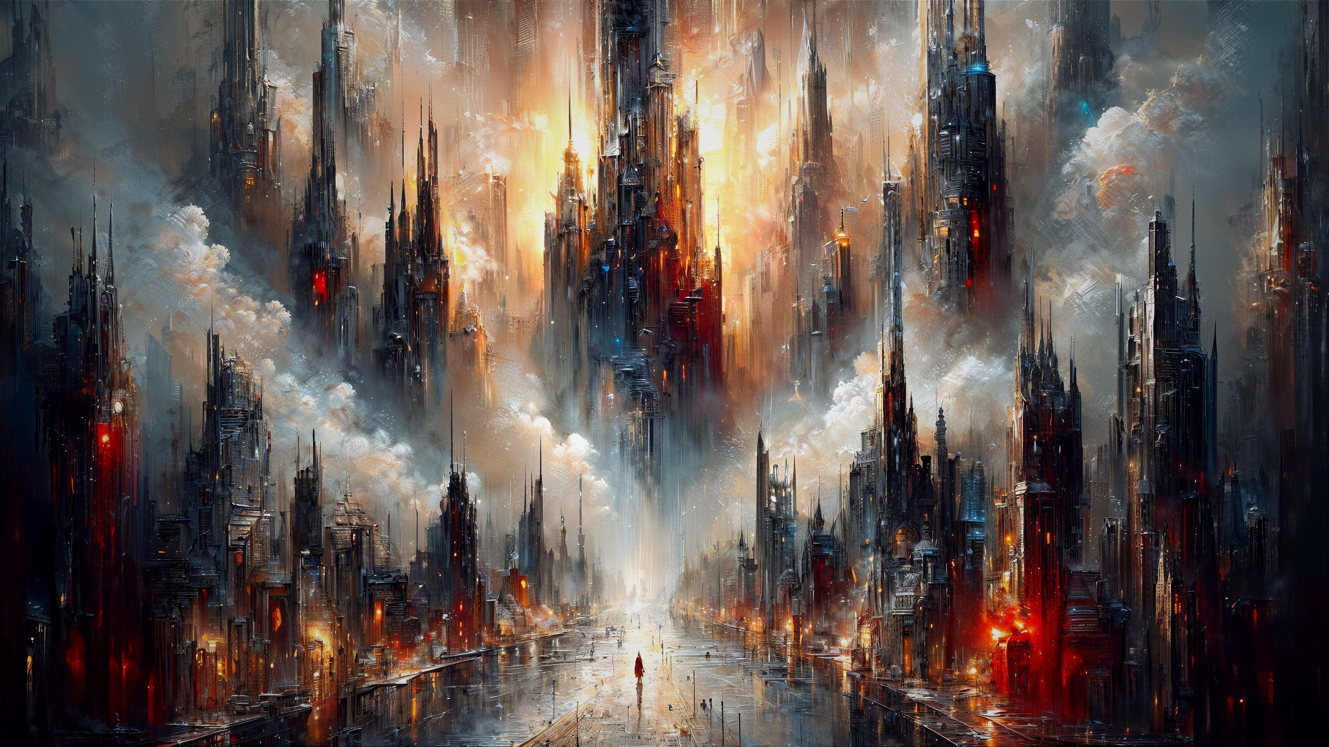 Futuristic cityscape with dramatic sky and skyscrapers
