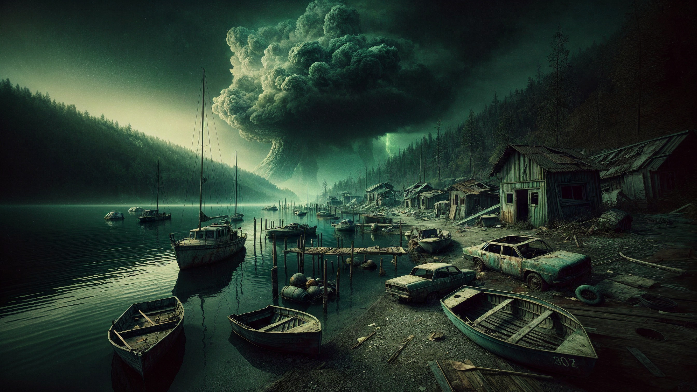 Desolate Lakeside Scene with Abandoned Boats and Cars