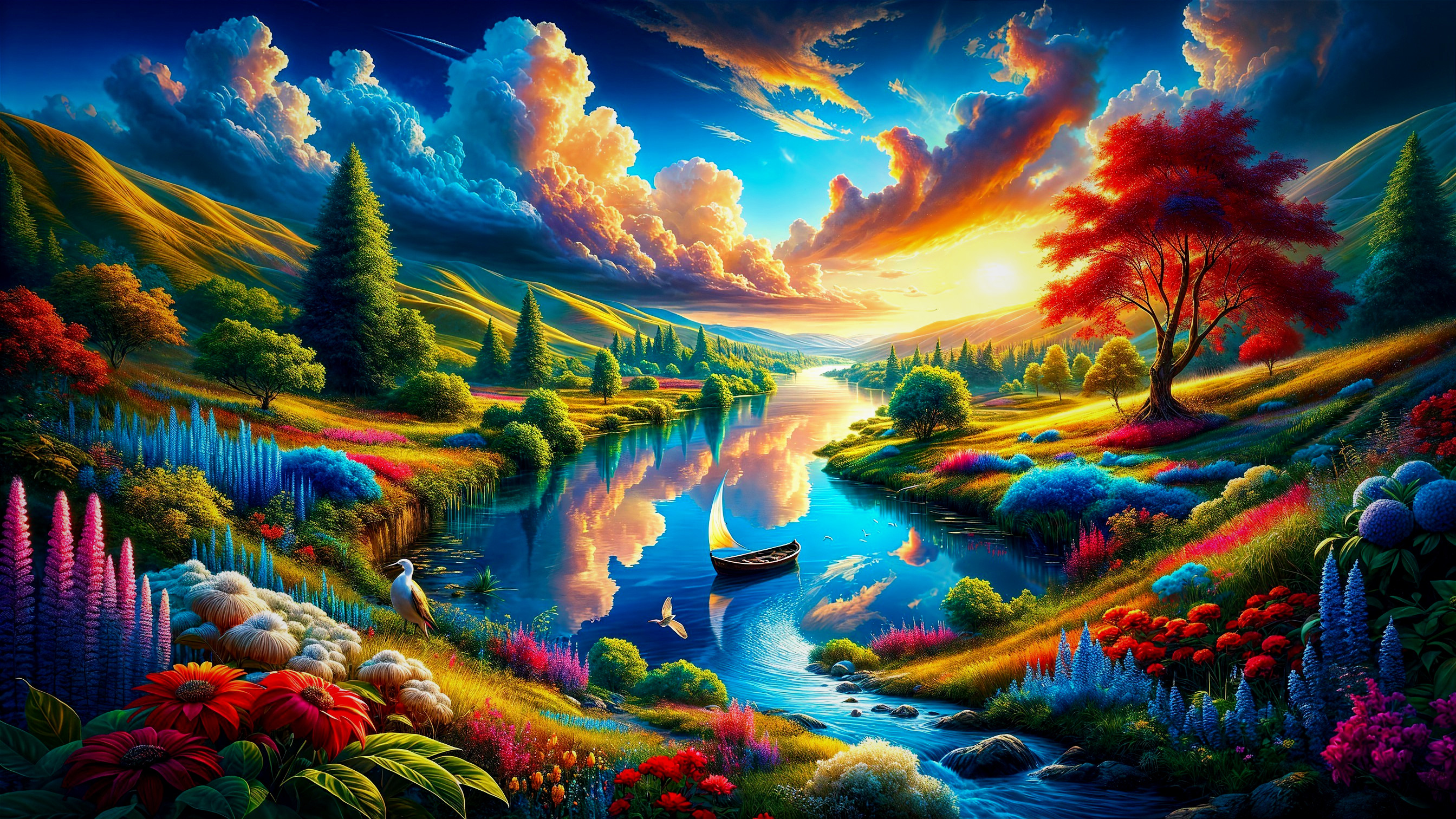 Vibrant Sunset Landscape with River and Lush Flora