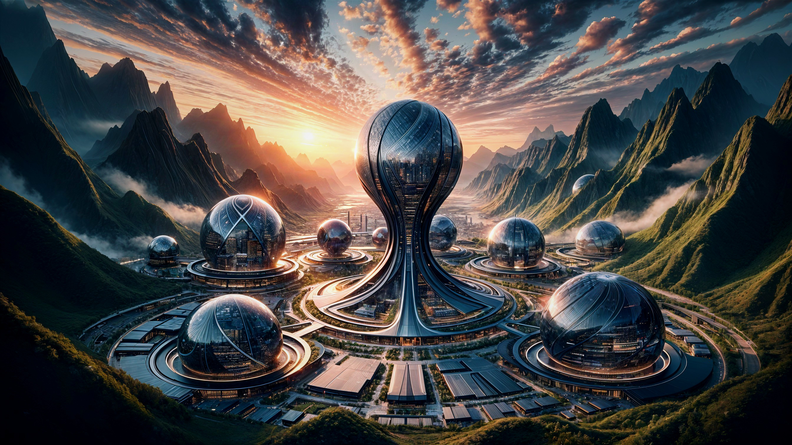 Futuristic landscape with towering structure and sunset
