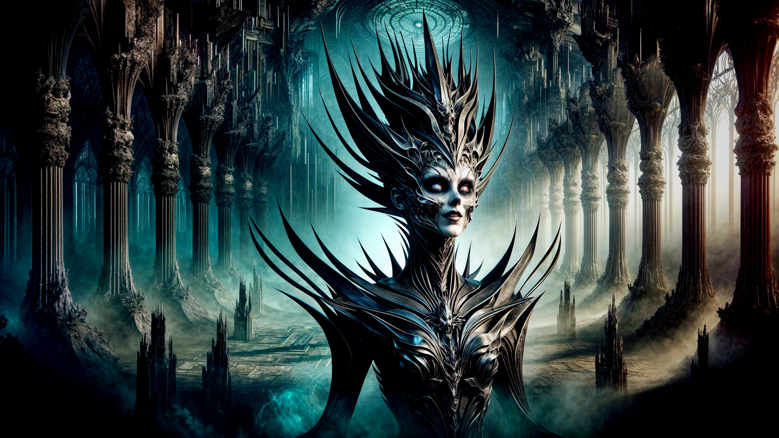 Skeletal Figure in Dark Gothic Hall with Eerie Lighting