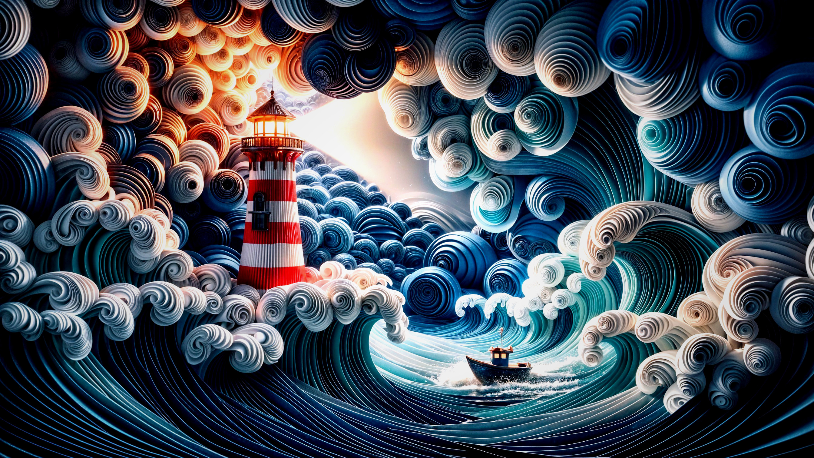 Vibrant Seascape with Lighthouse and Tumultuous Waves