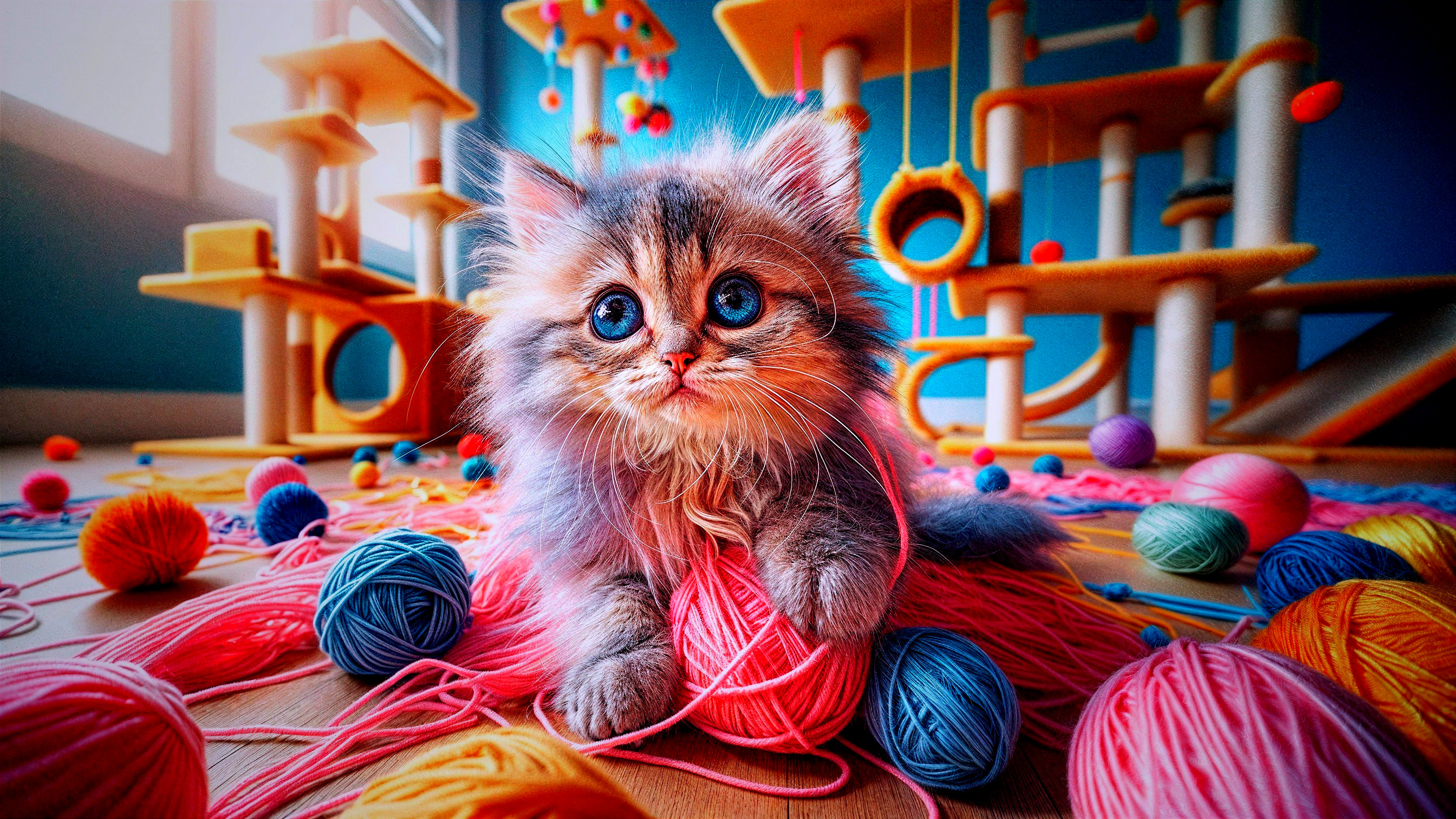 Fluffy Kitten Playing with Colorful Yarn Balls