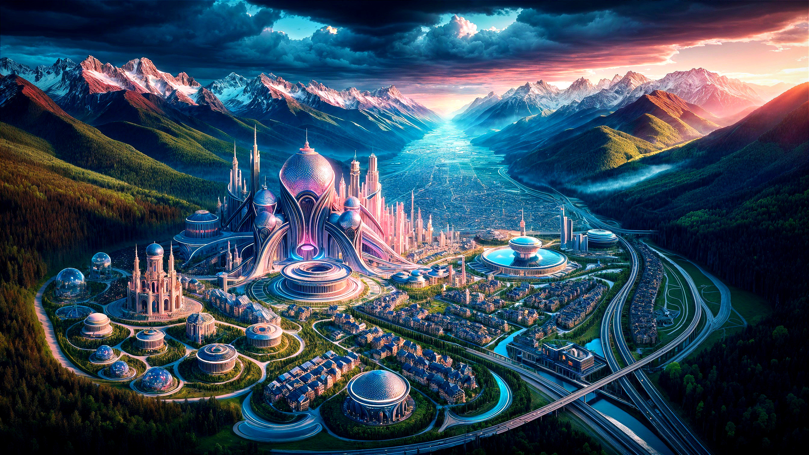 Futuristic city with vibrant architecture and mountains