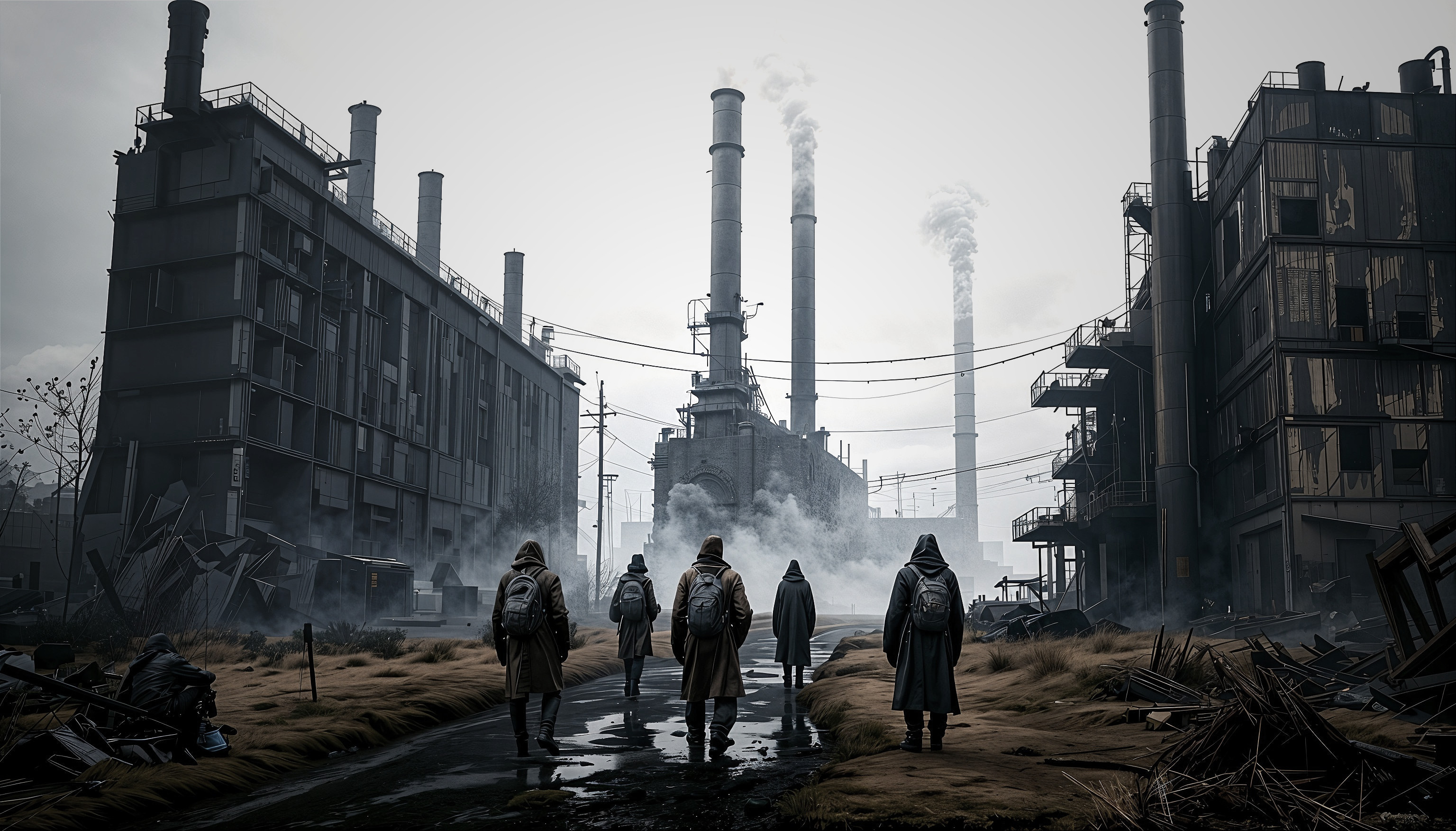 Cloaked Figures in a Post-Apocalyptic Landscape