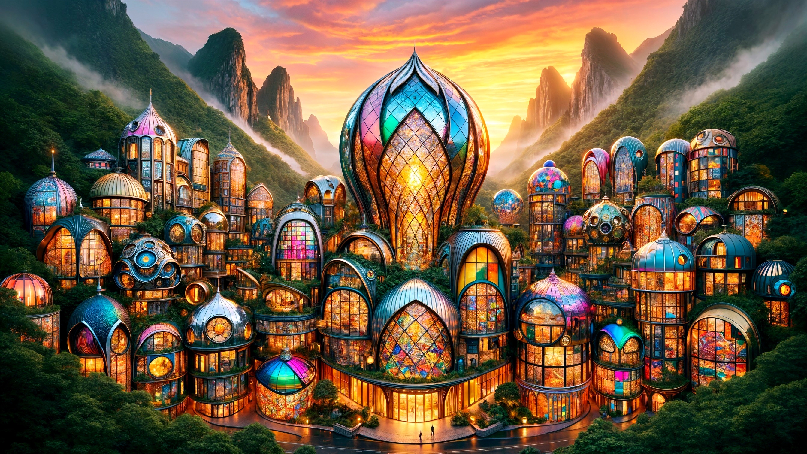 Surreal Cityscape with Colorful Architecture at Sunset