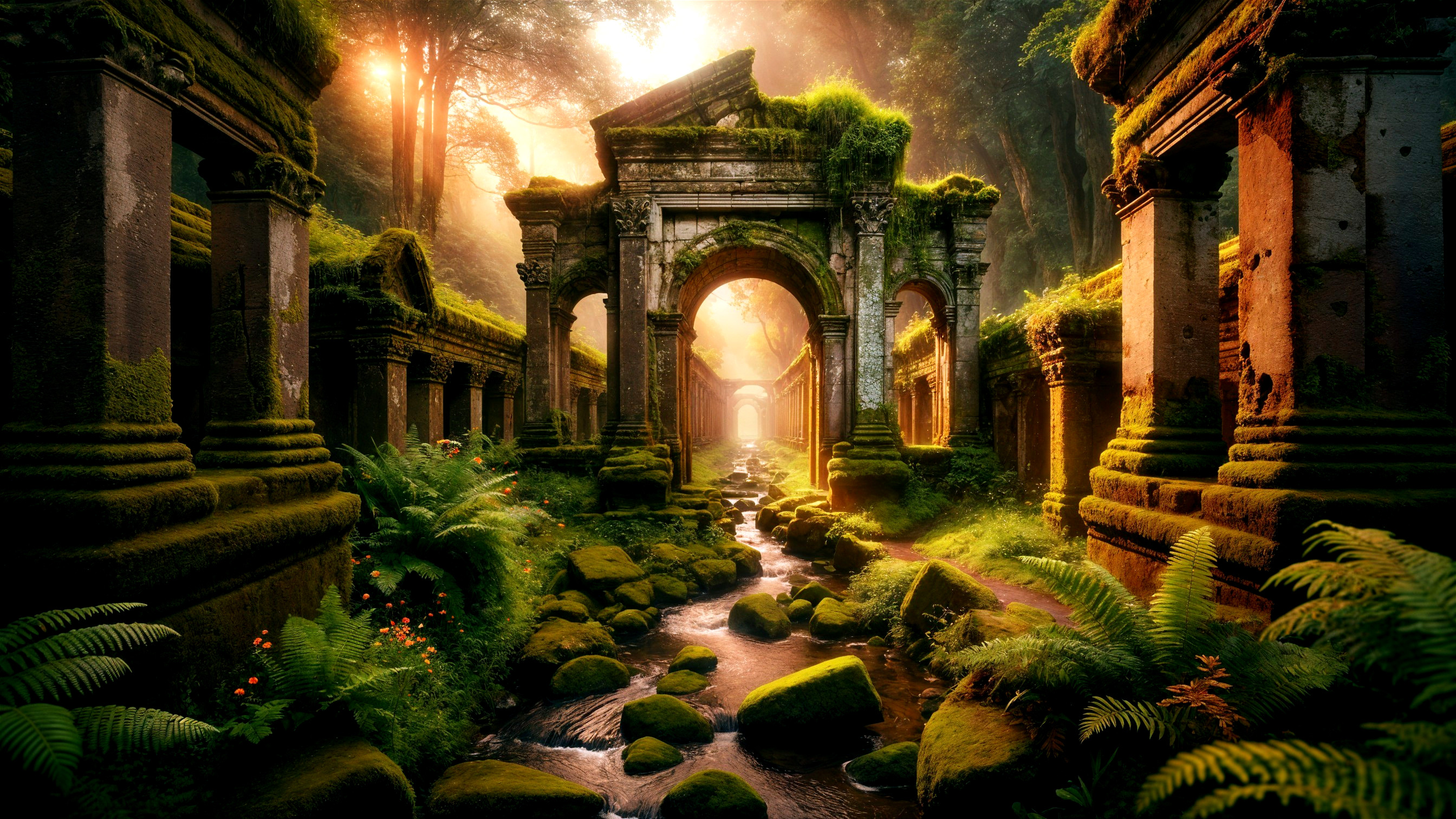 Overgrown Ruins Surrounded by Lush Greenery and Light