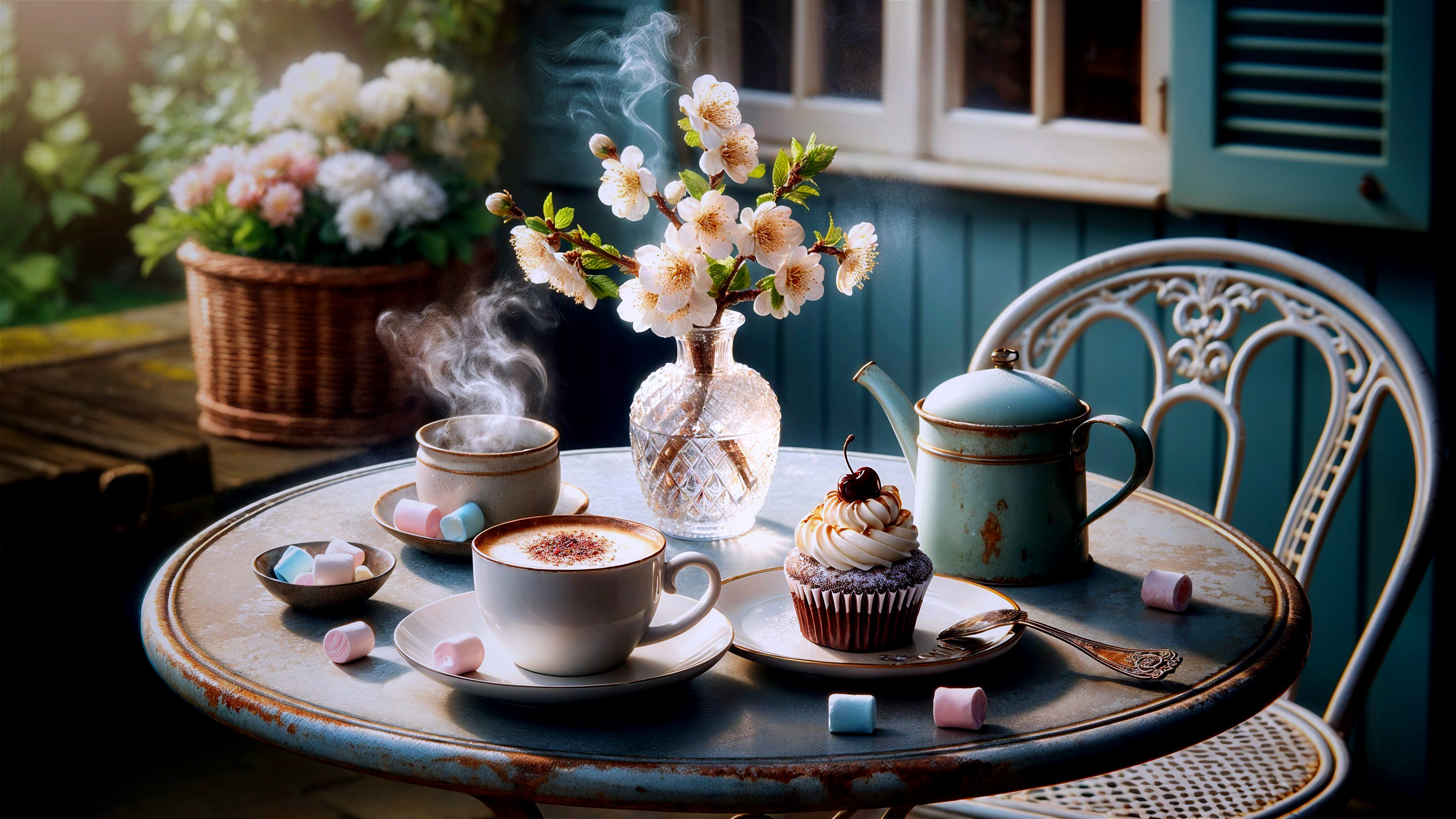 Charming Outdoor Scene with Delicate Teapot and Treats