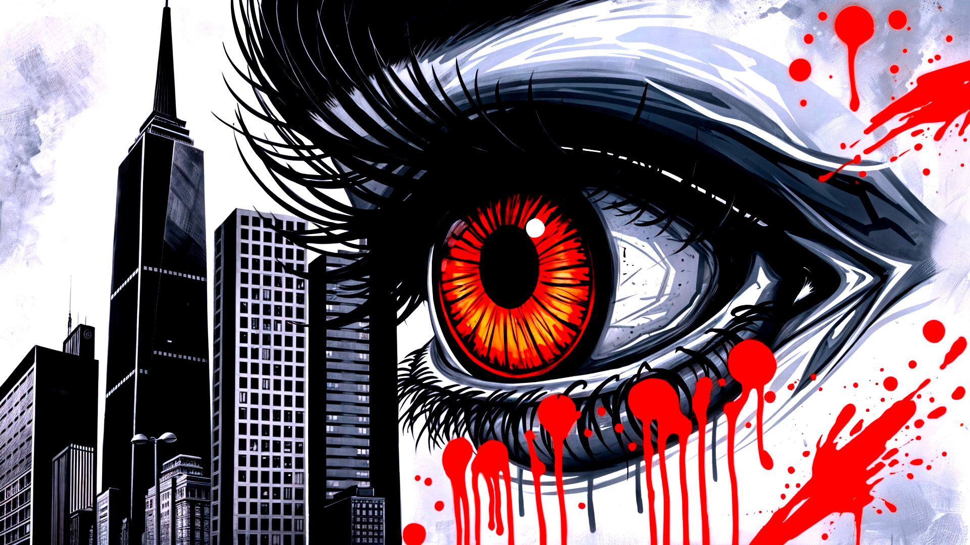 Close-Up of Eye with Orange Iris and City Skyline
