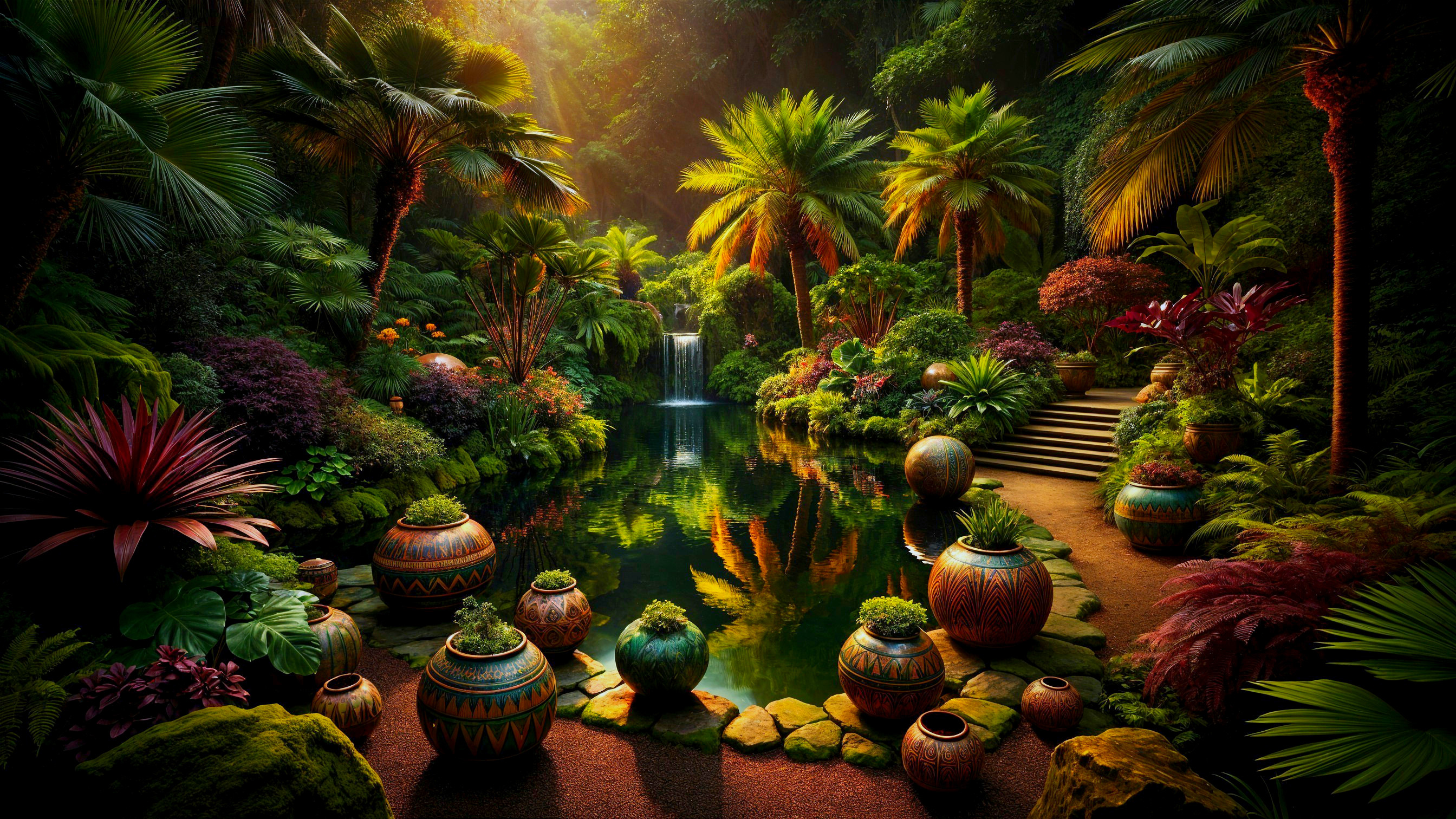 Serene Botanical Oasis with Lush Greenery and Pond