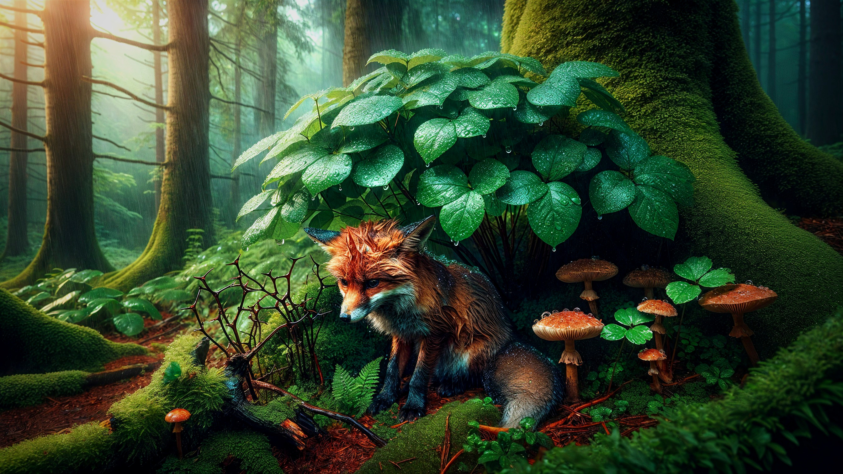 Fox Resting in Lush Forest with Sunlight and Foliage