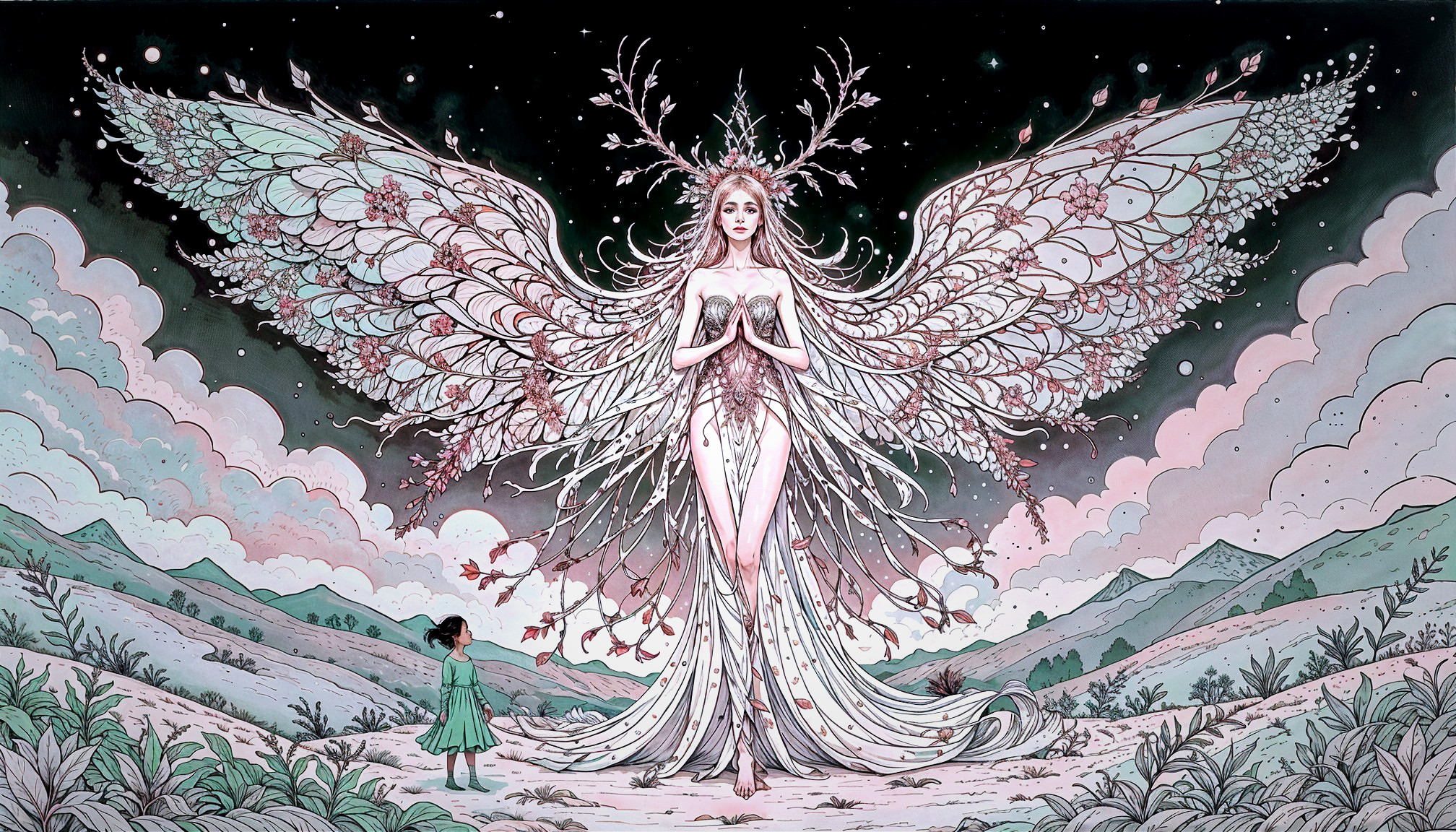 Celestial Figure with Floral Wings in Dreamy Landscape