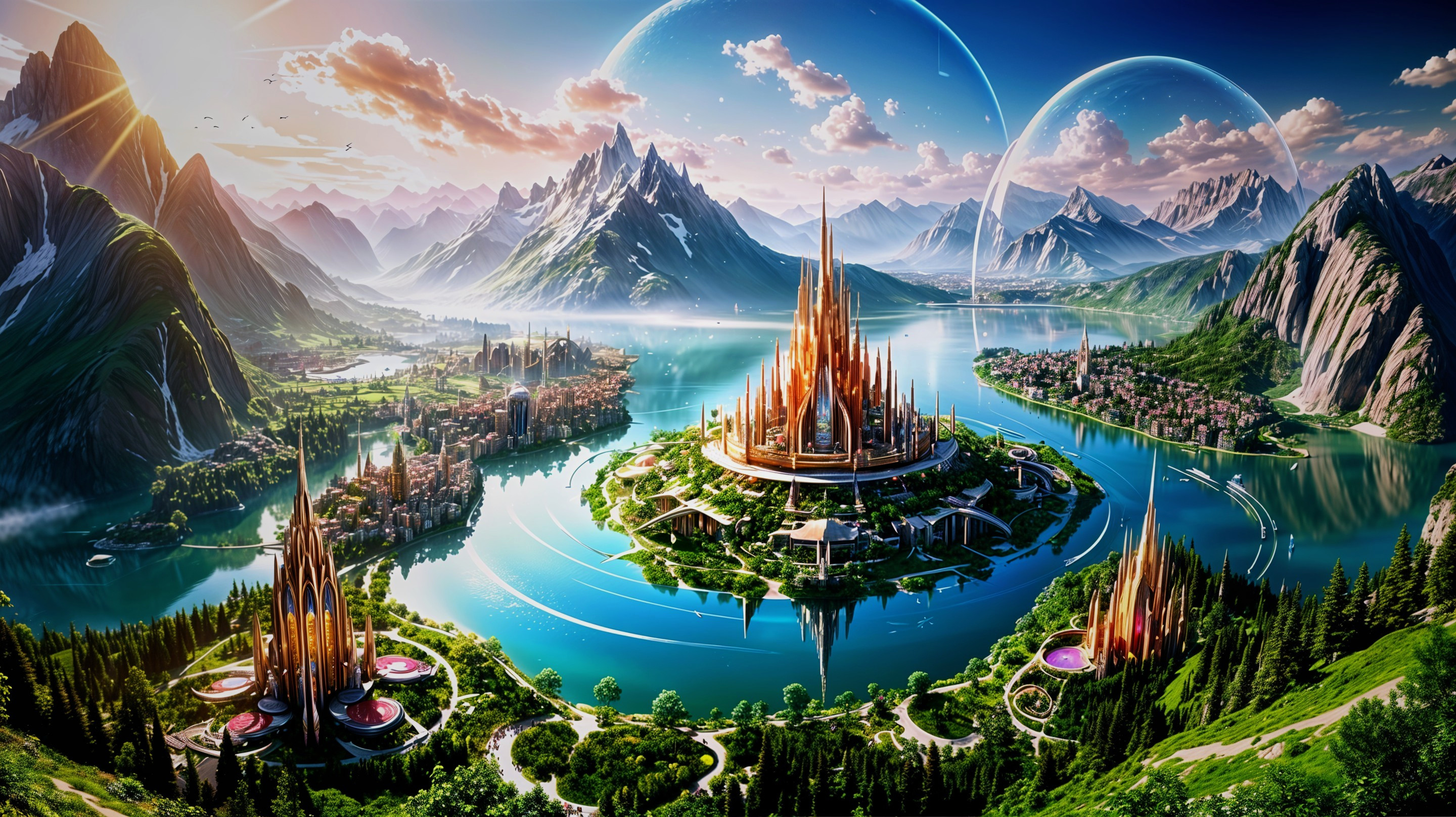 Majestic Landscape with Castle, Lake, and Mountains