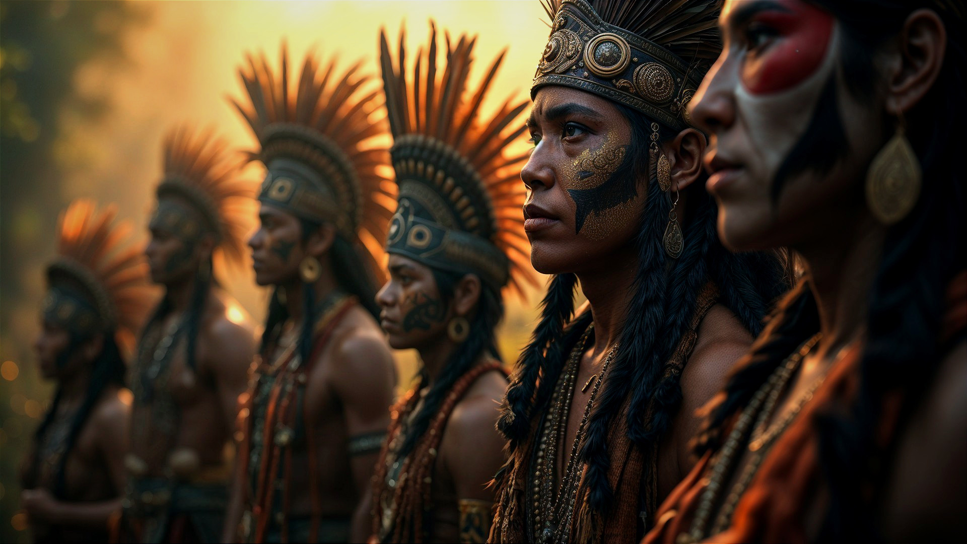Indigenous Individuals in Traditional Attire at Sunset