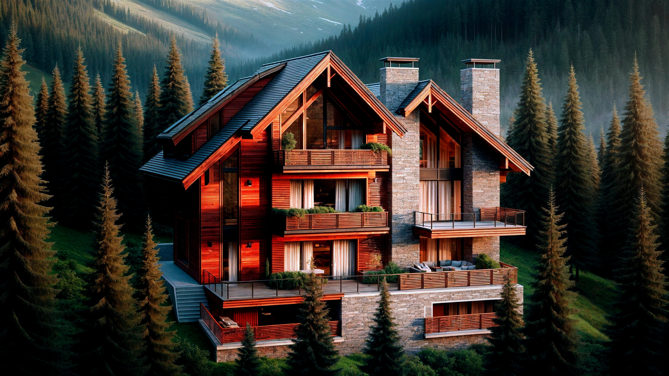 Chalet in Forest with Wood and Stone Architecture