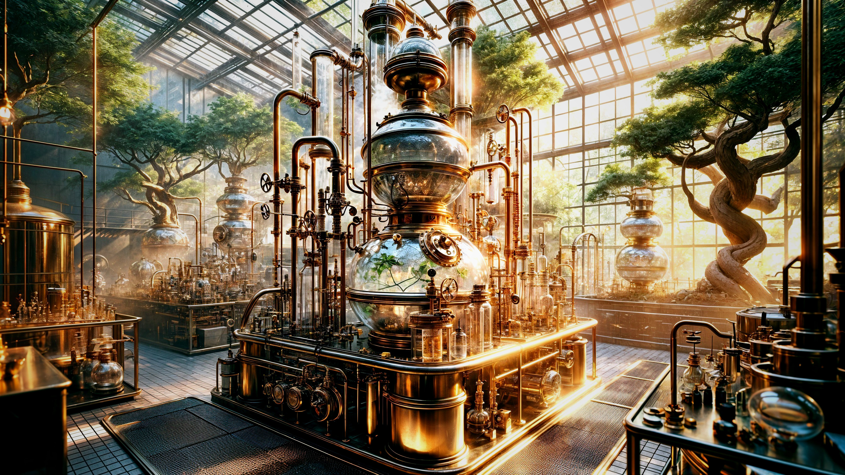 Steampunk Laboratory with Glass Apparatus and Nature