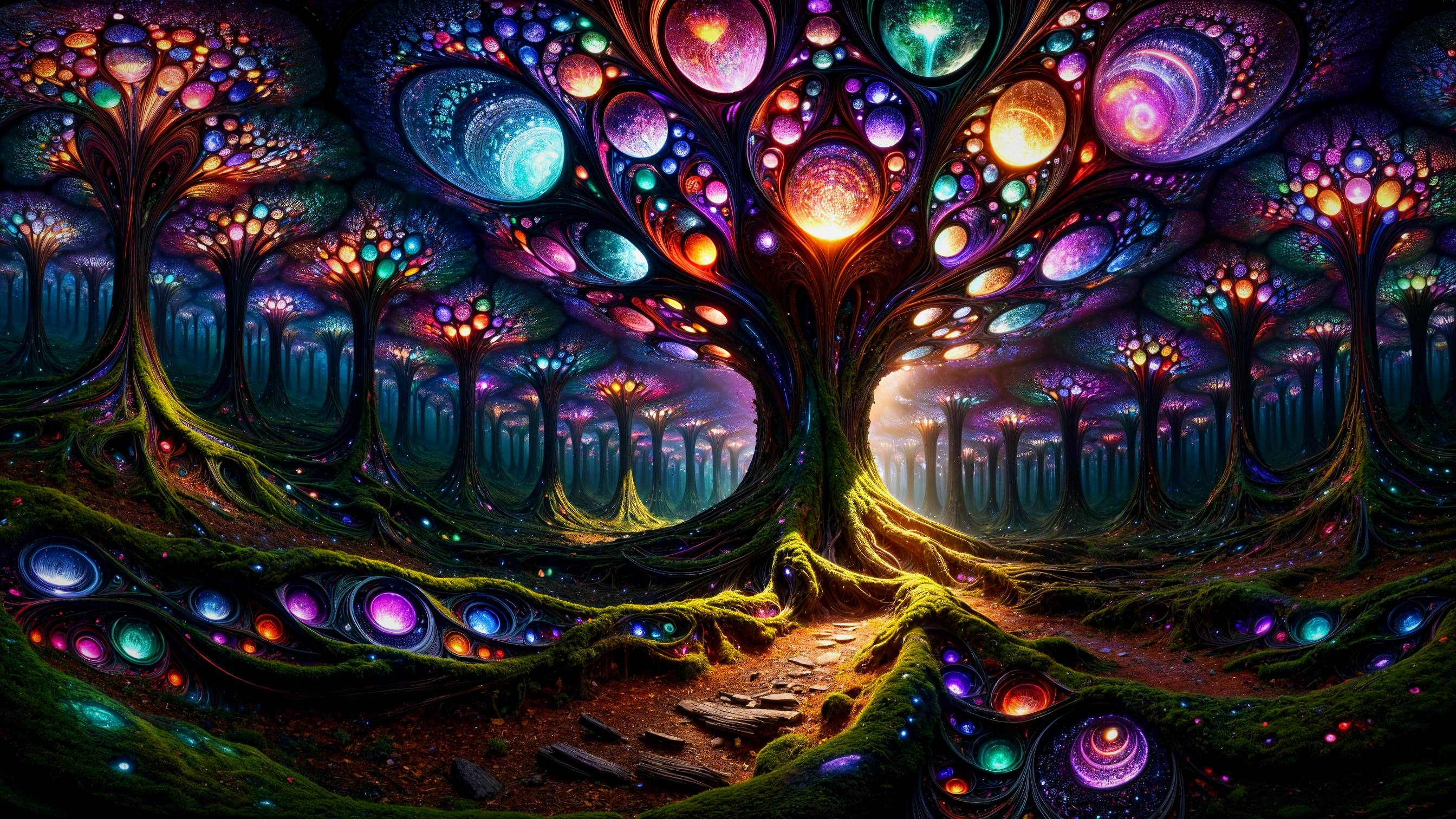 Mystical forest with luminescent trees and orbs