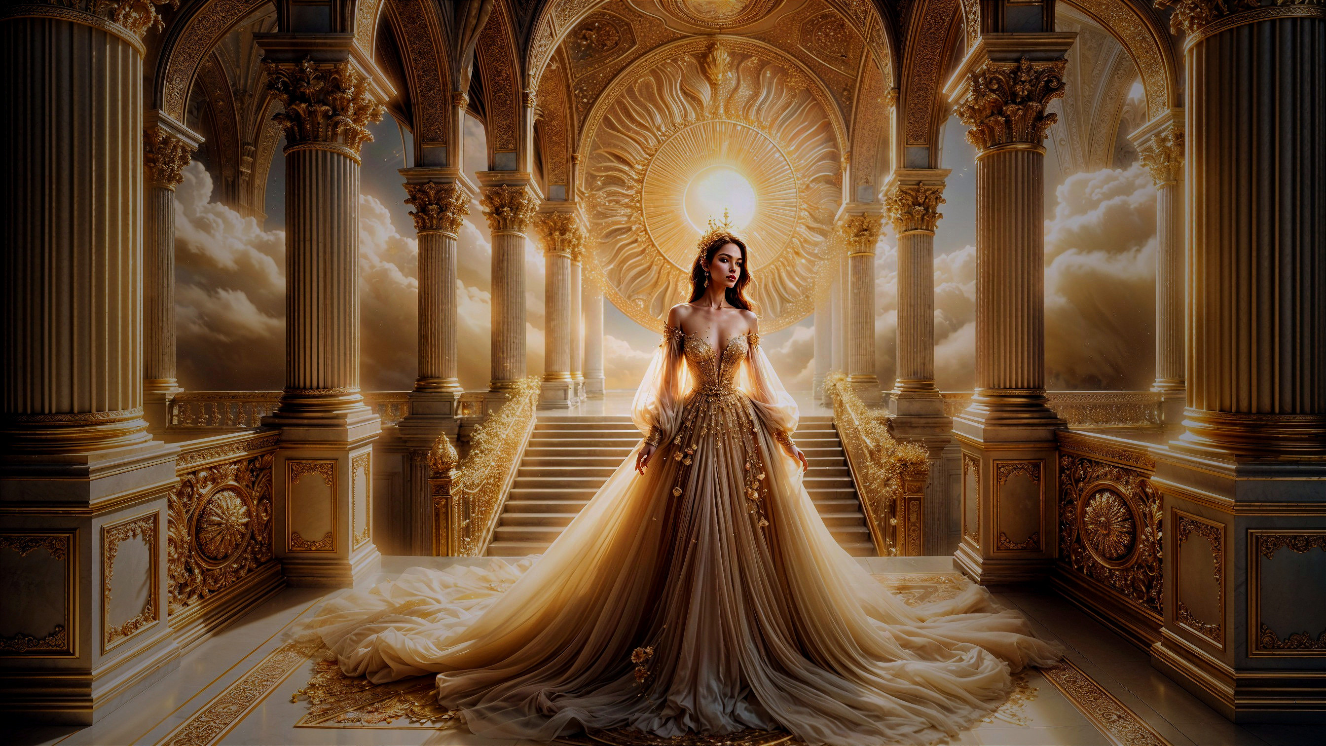 Majestic Palace Scene with Elegant Woman in Gown