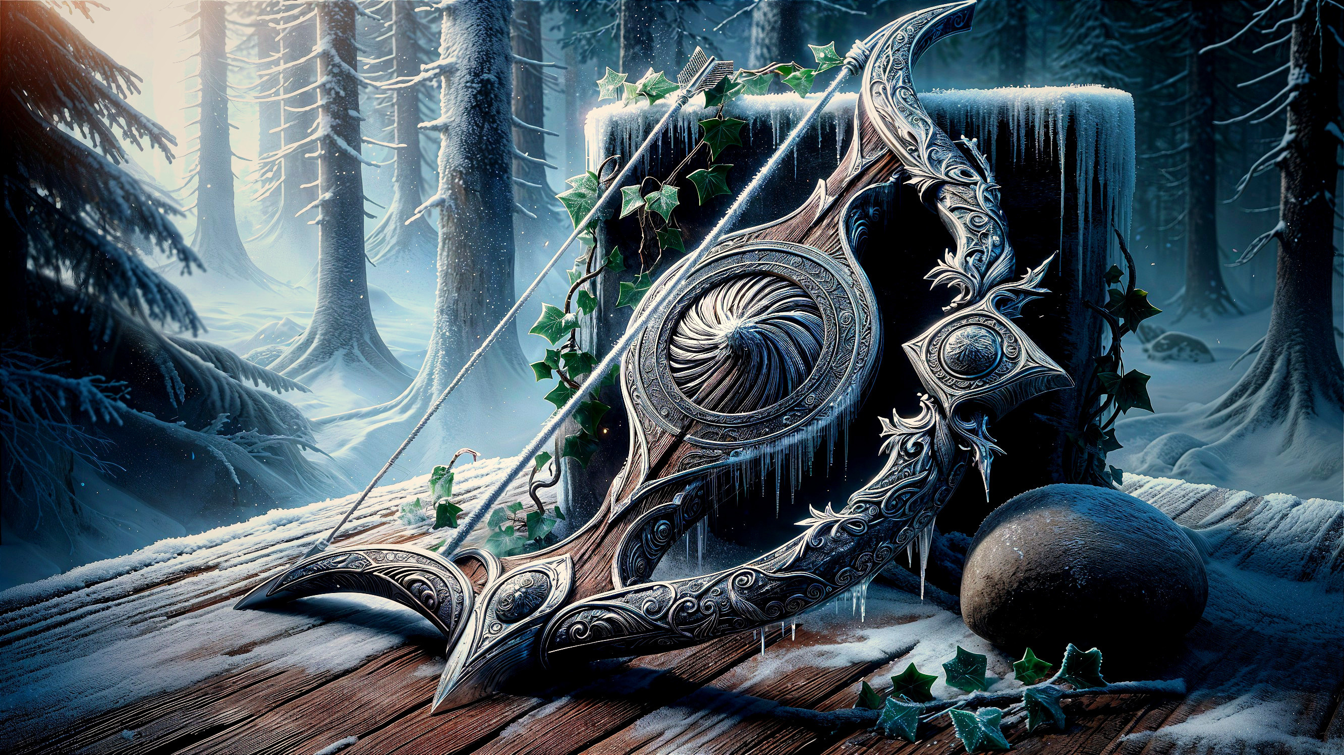 Intricately Designed Bow in a Winter Forest Setting