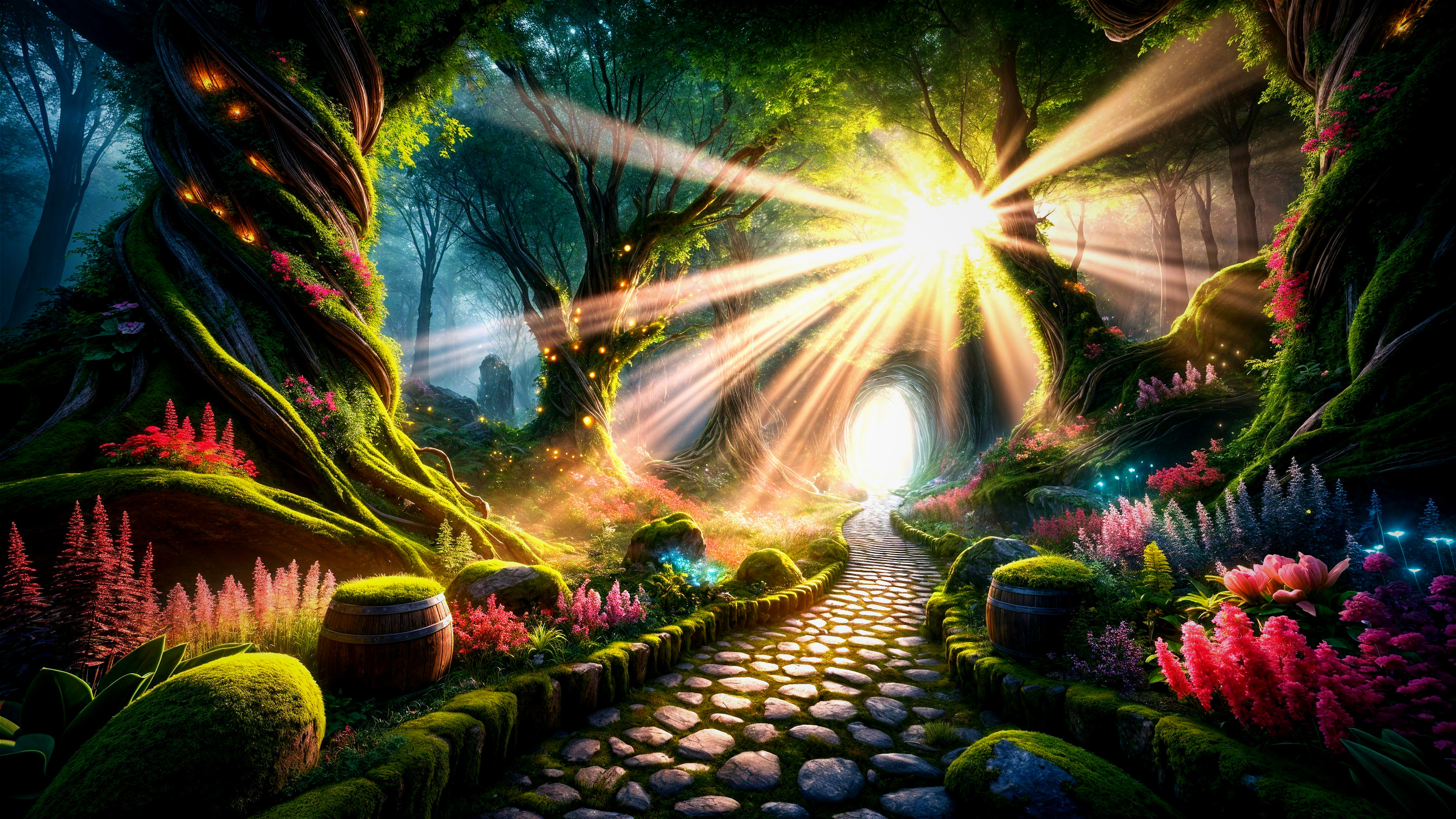 Enchanted forest scene with cobblestone path and light