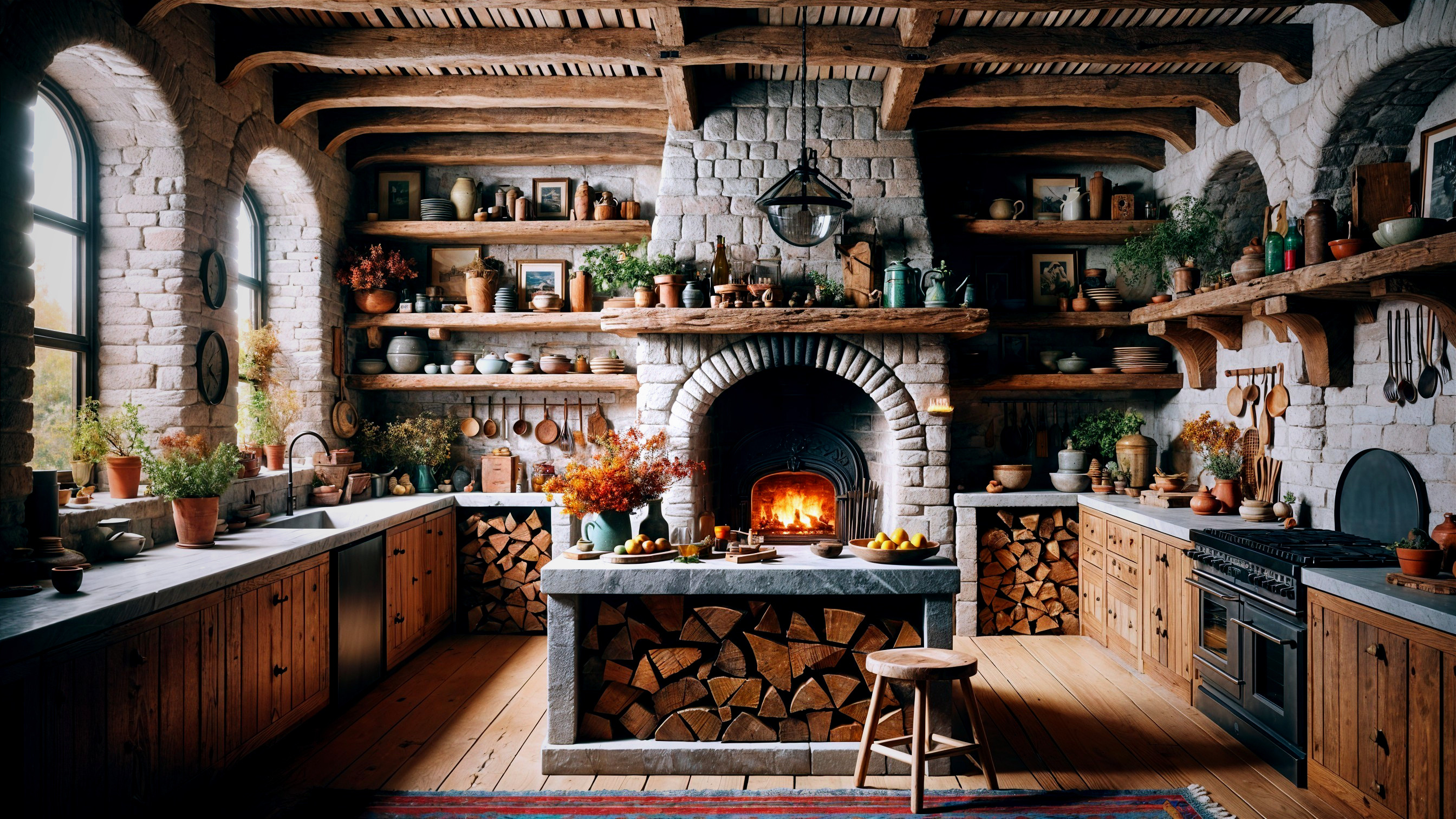 Rustic Kitchen with Stone Fireplace and Wooden Accents