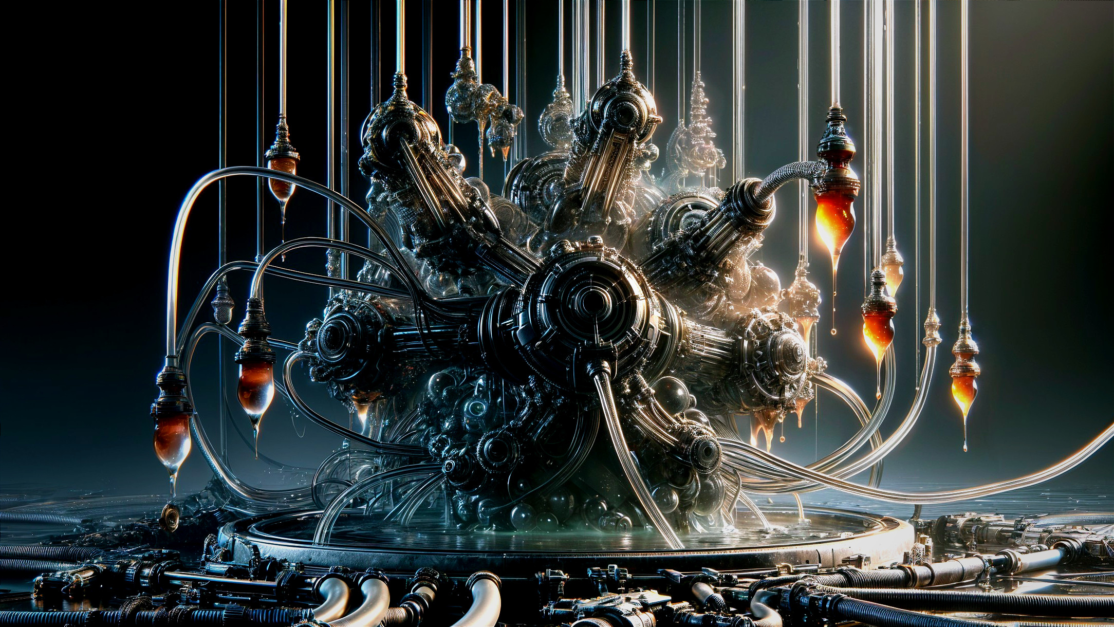 Futuristic machine with metallic components and fluid flow