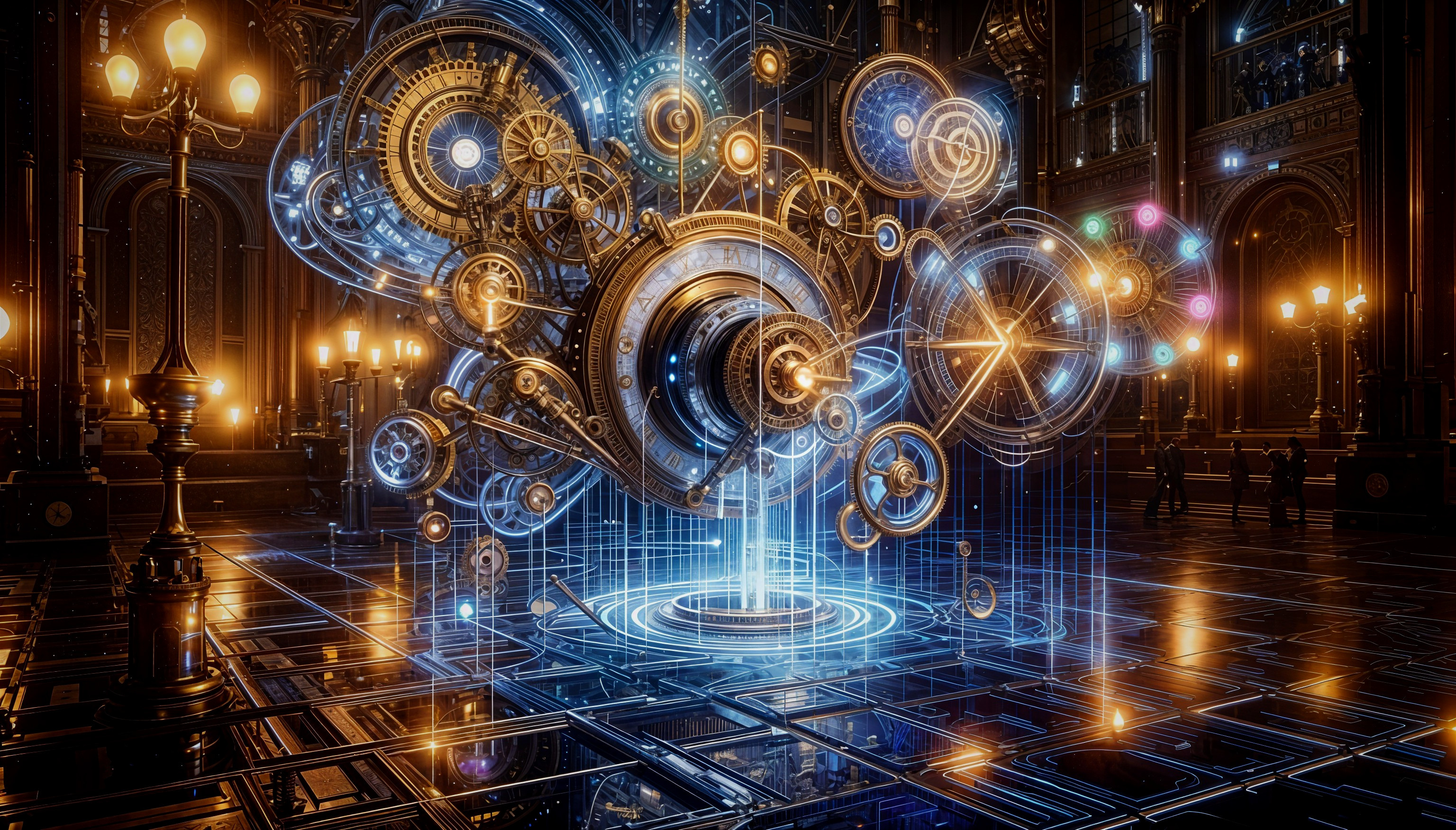 Ornate futuristic space with gears and holographic elements