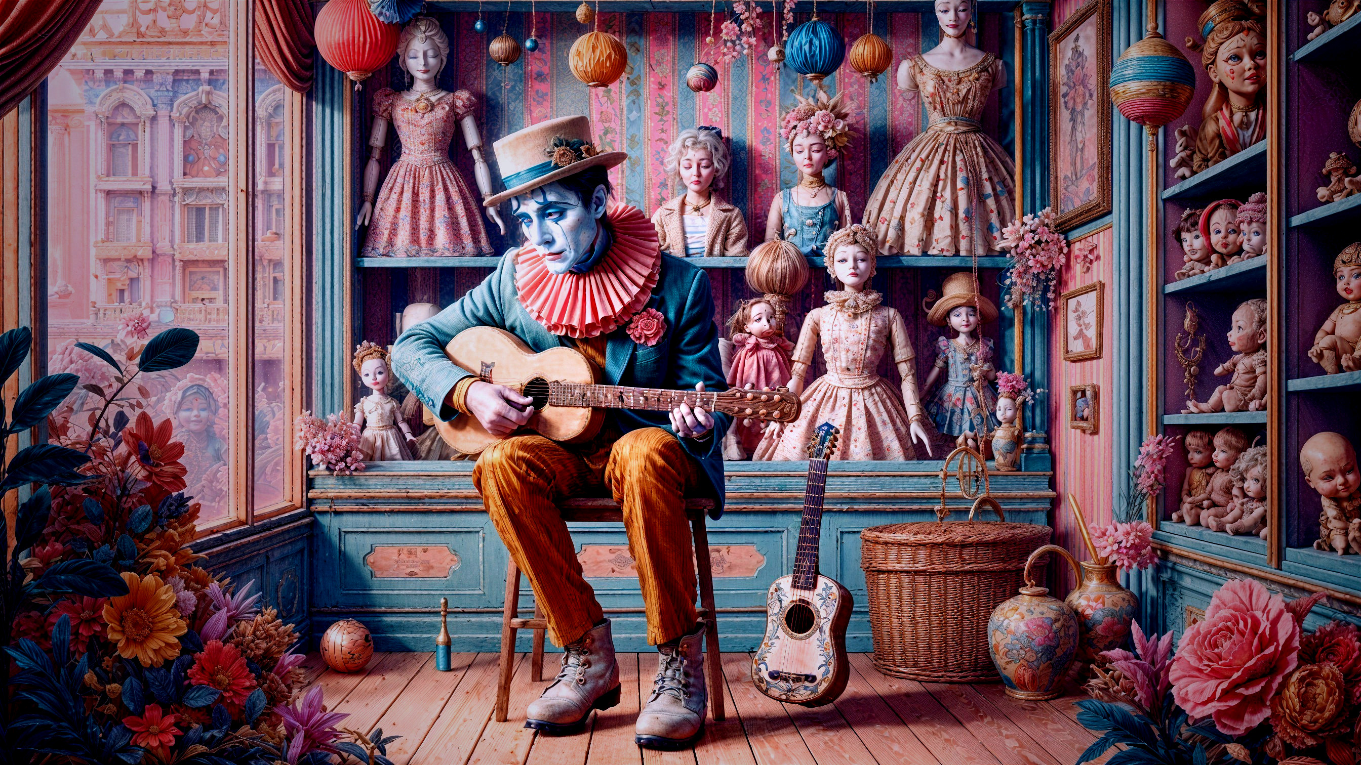 Whimsical Room with Clown, Dolls, and Colorful Decor