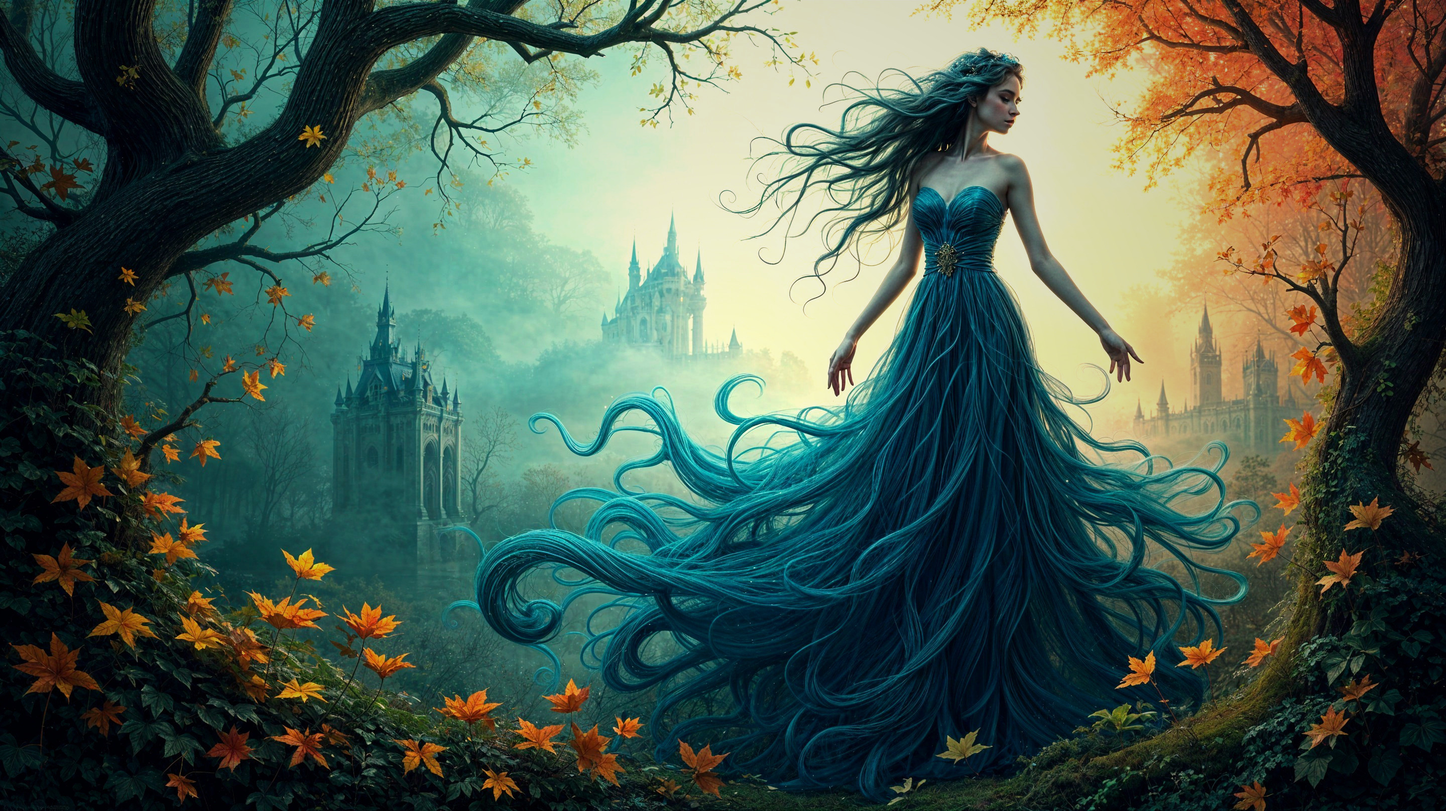 Mystical Woman in Teal Gown Among Autumn Foliage
