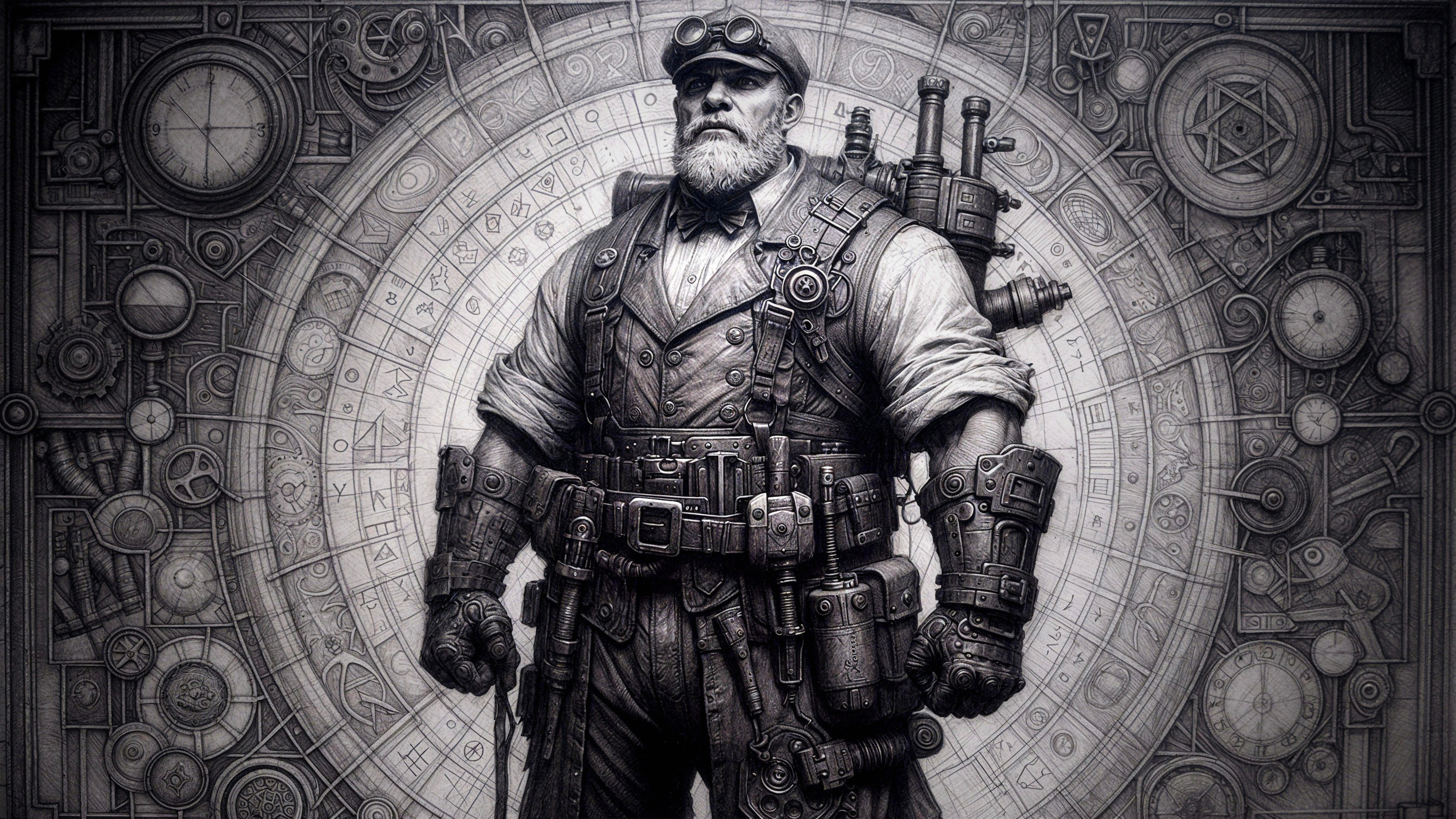 Bearded Man in Steampunk Attire with Gadgets