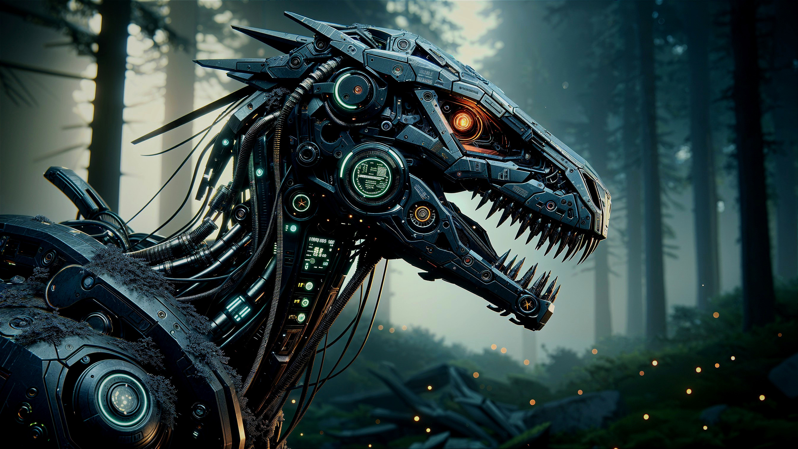 Futuristic Robotic Dinosaur in Misty Forest Setting