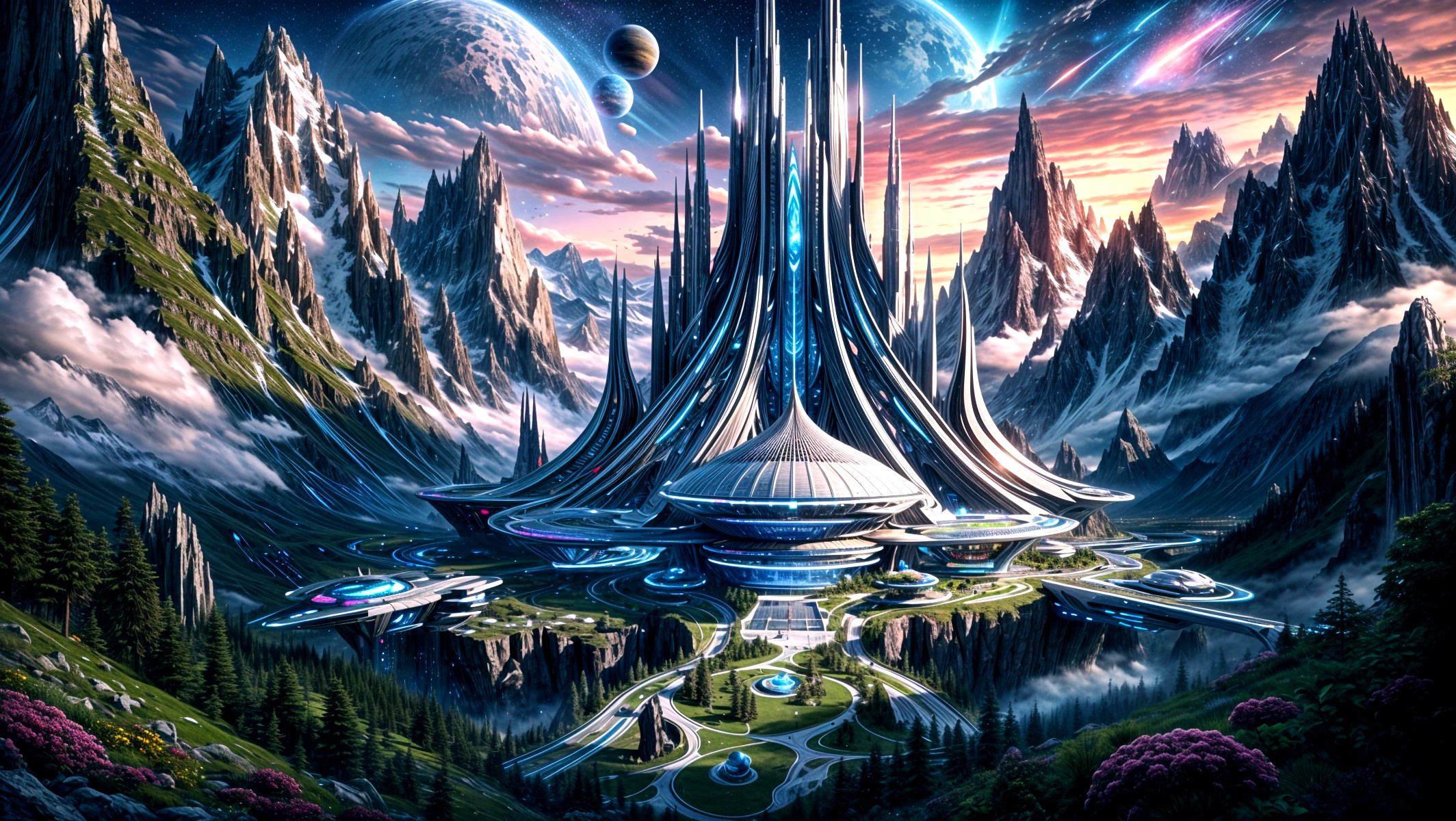 Futuristic cityscape harmonizing with nature and cosmos