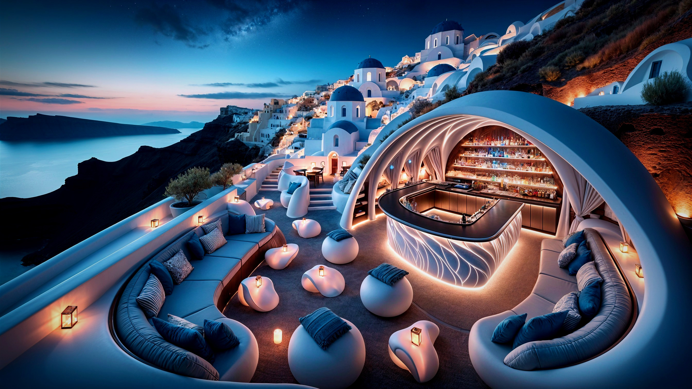 Outdoor Lounge in Santorini with Modern Design Elements