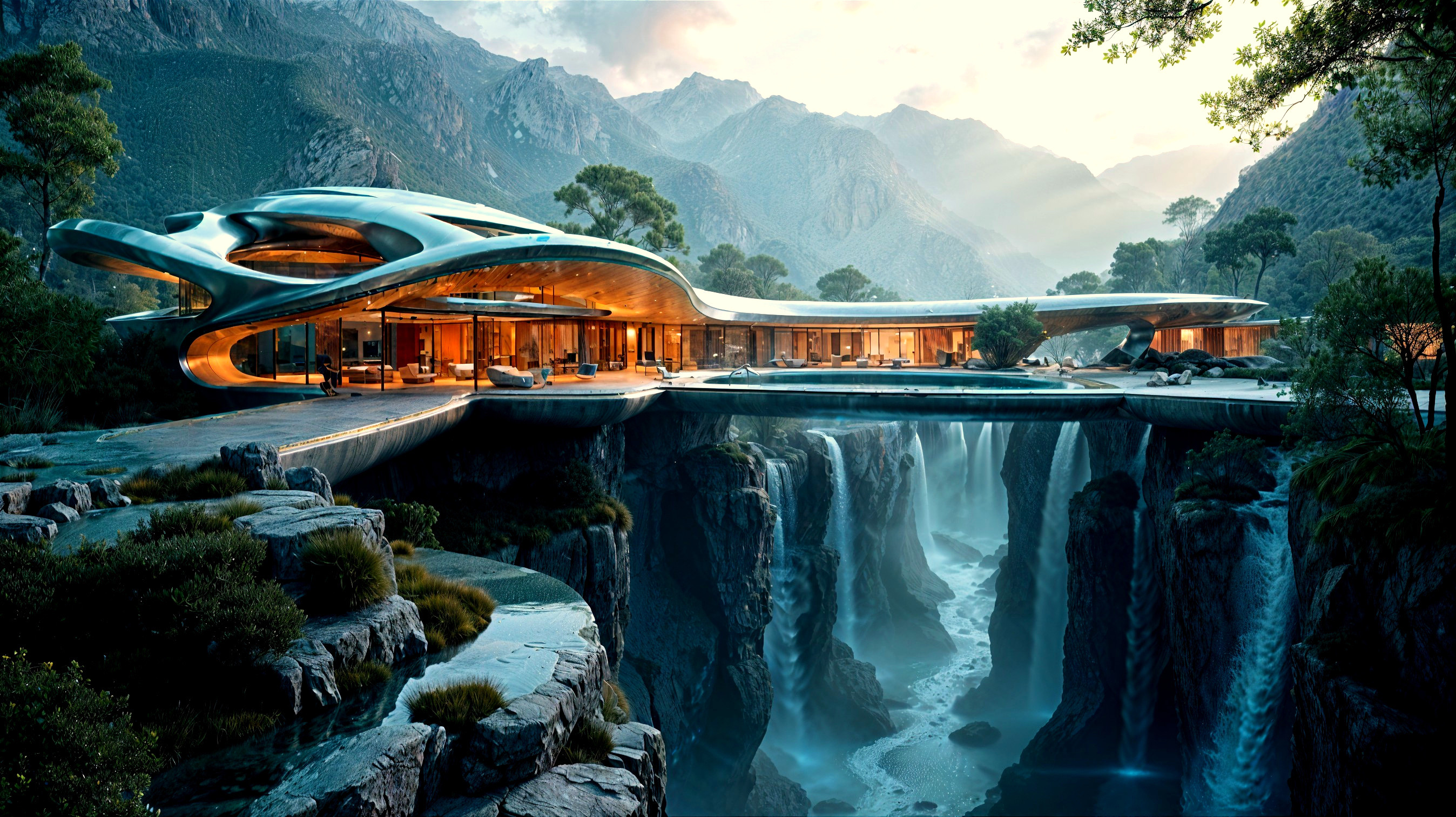 Futuristic Organic Building Overlooking Waterfall and Mountains