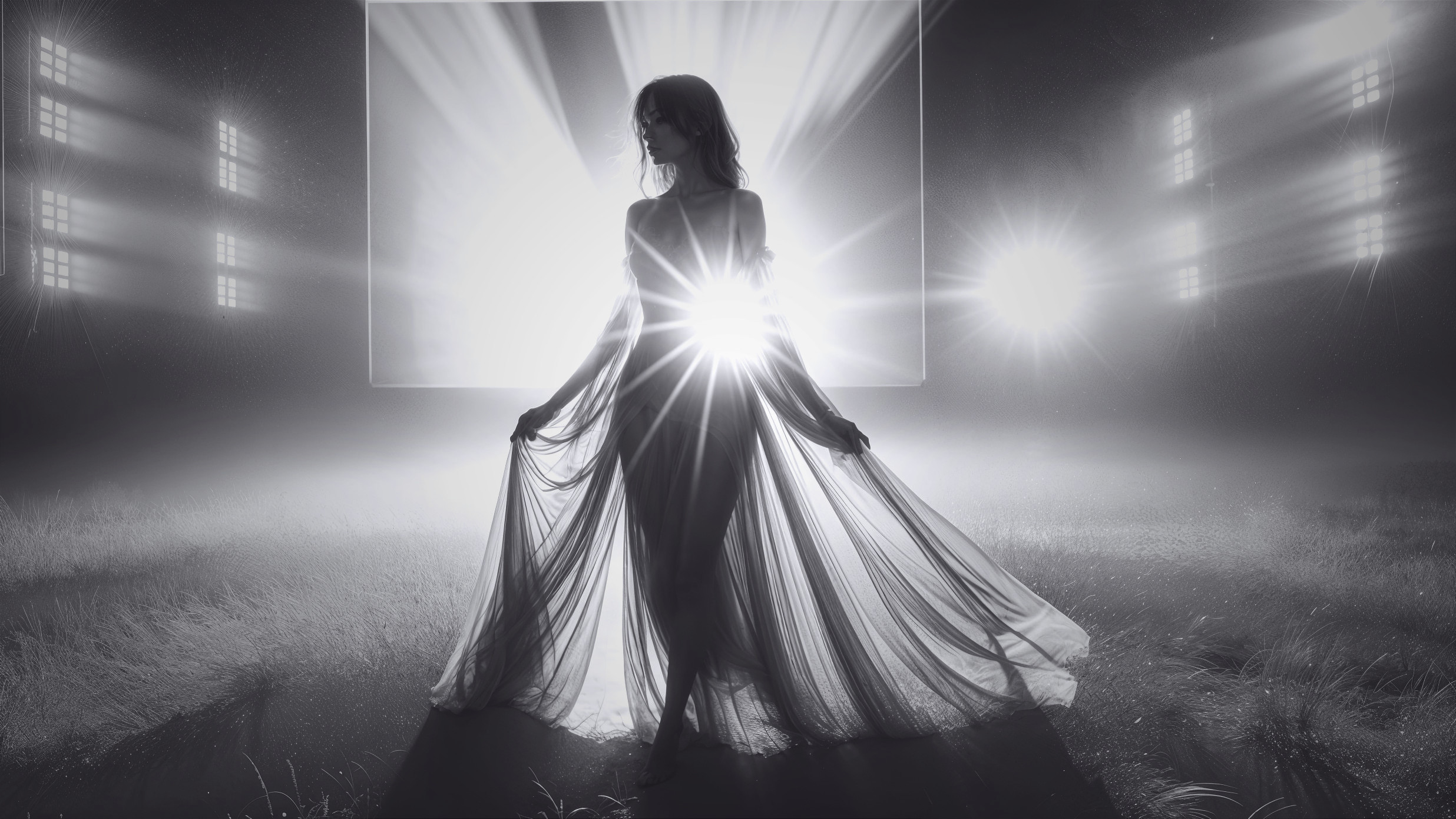 Ethereal Figure in Sheer Gown with Dreamlike Glow