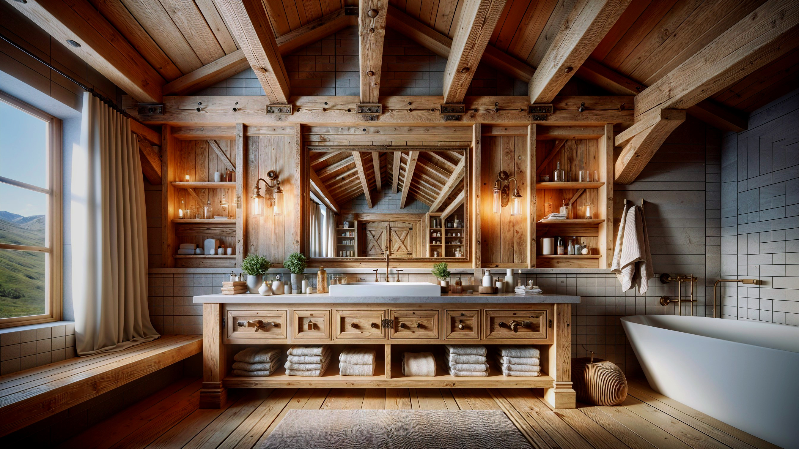 Cozy Bathroom with Rustic Beams and Elegant Bathtub