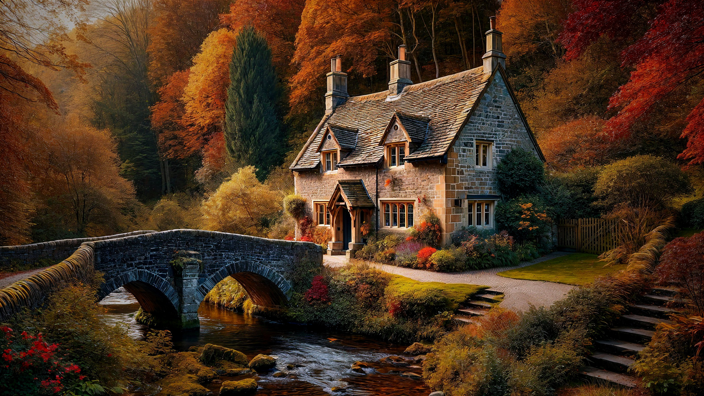 Stone Cottage in Autumn Landscape with Foliage