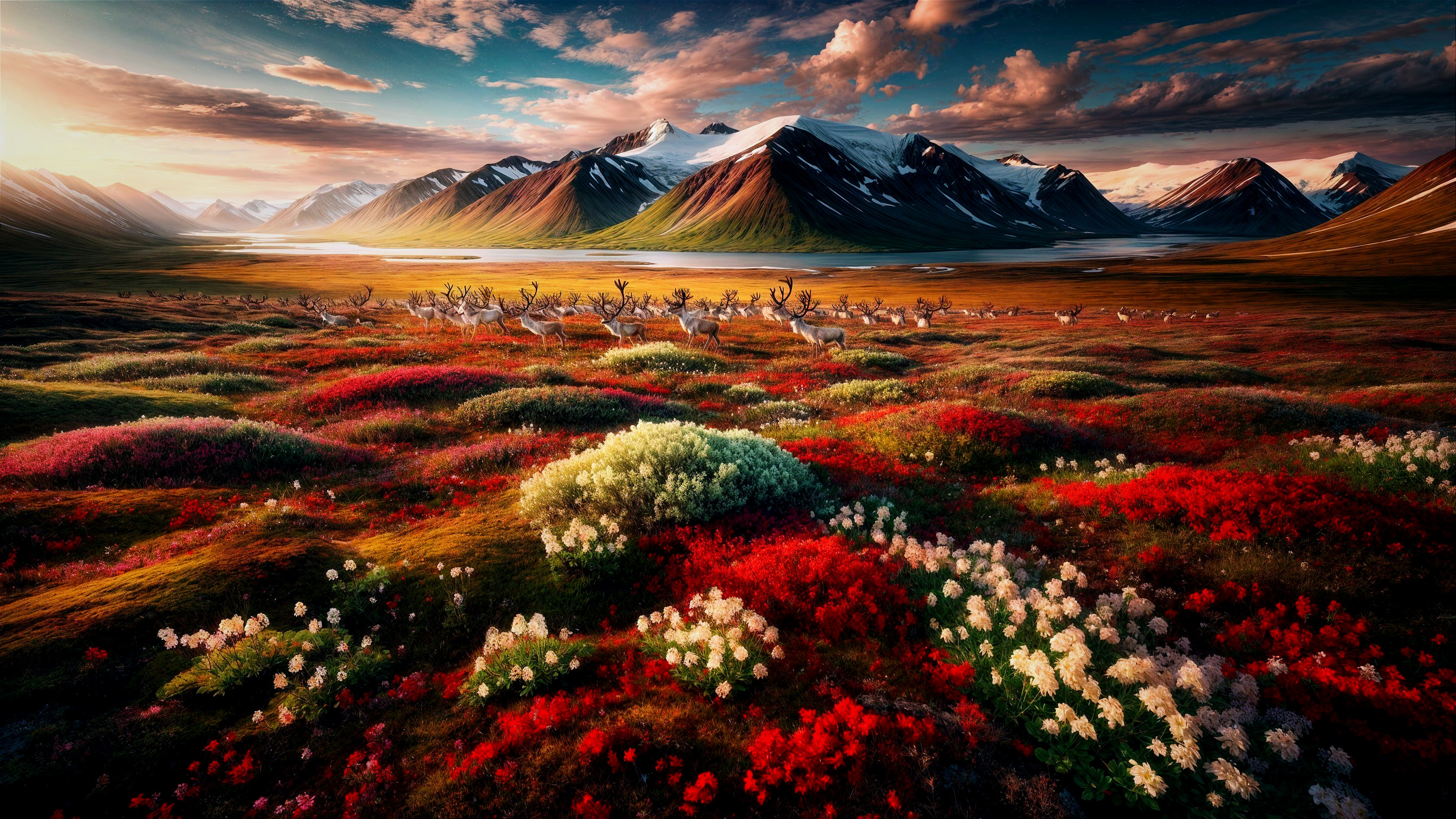 Vibrant Floral Landscape with Snow-Capped Mountains