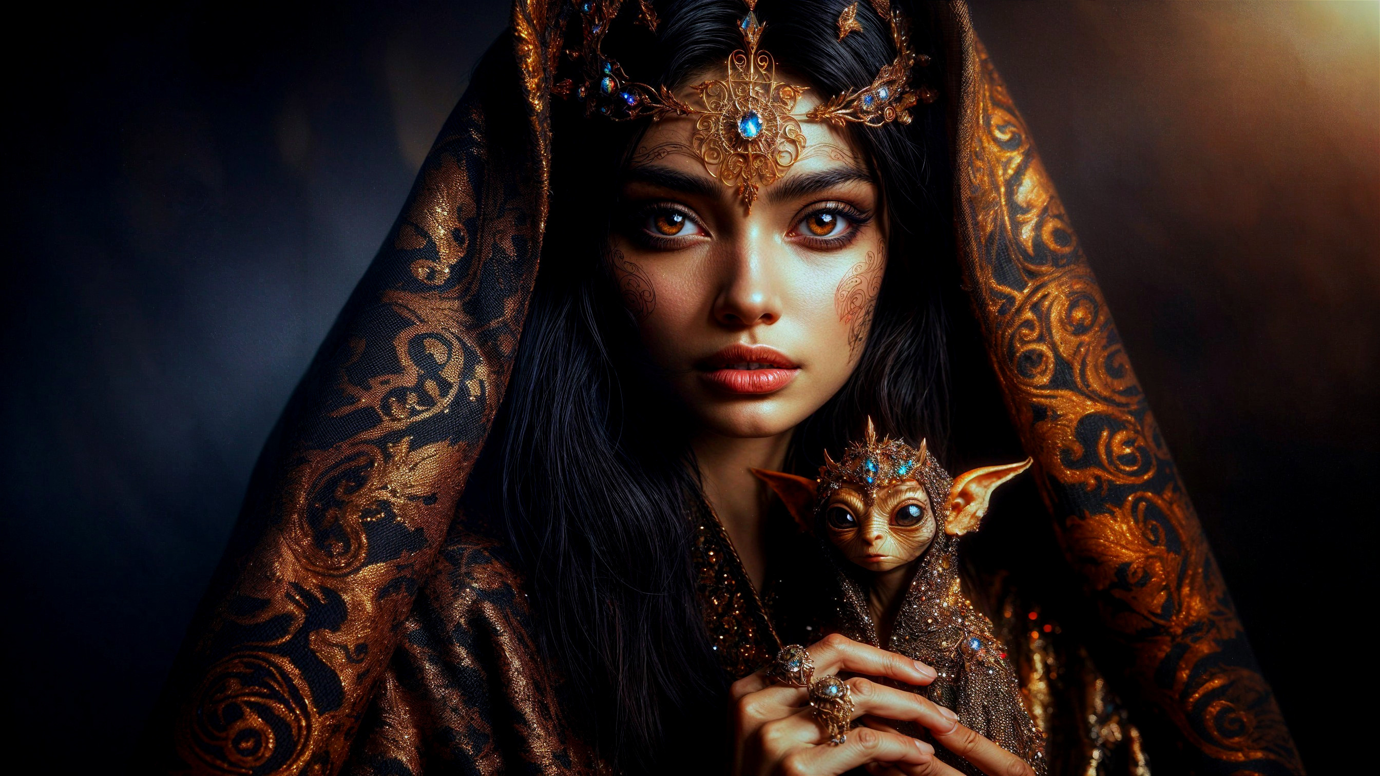 Young woman in intricate makeup with mythical creature
