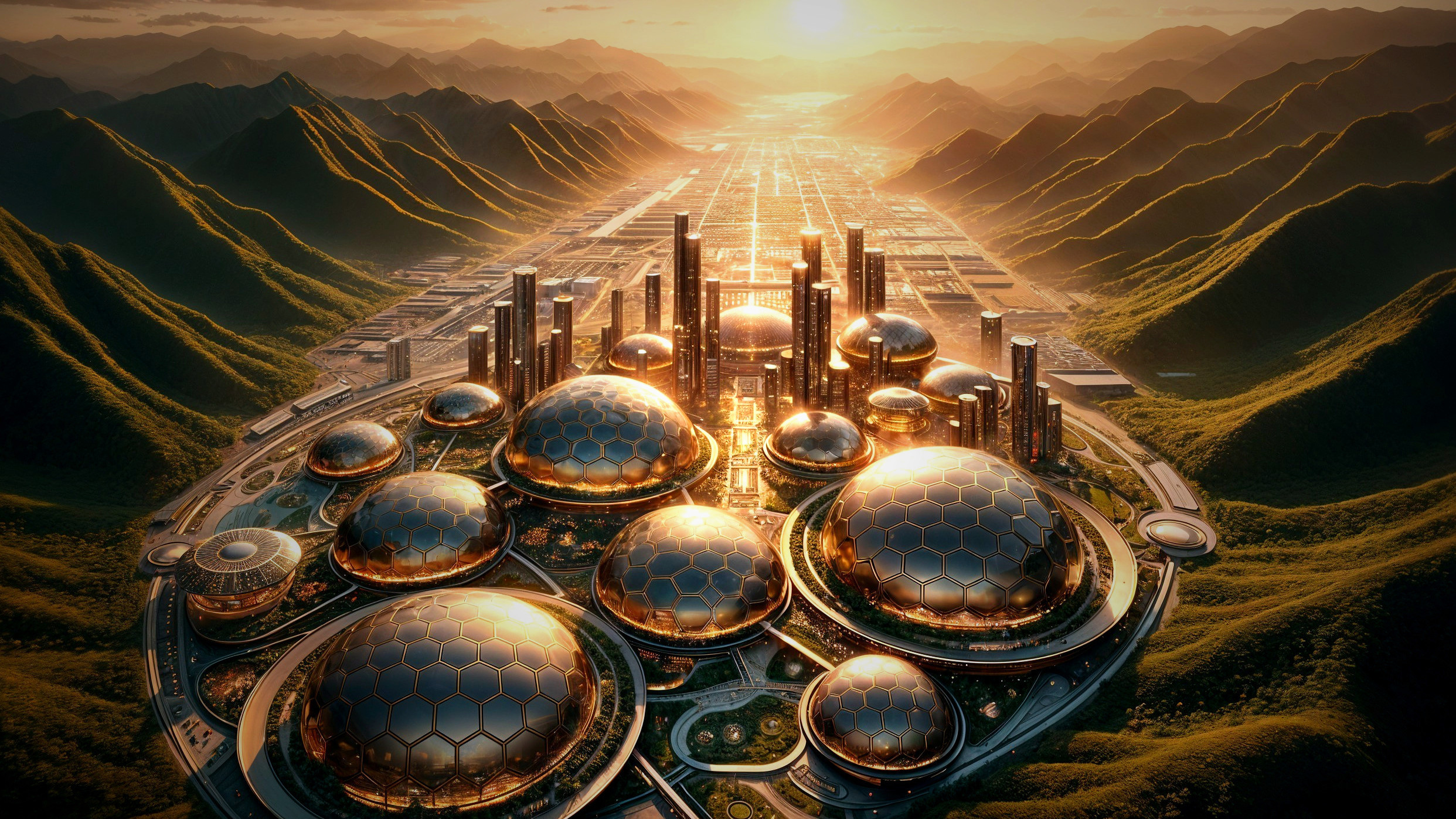 Futuristic cityscape with mountains and dome structures