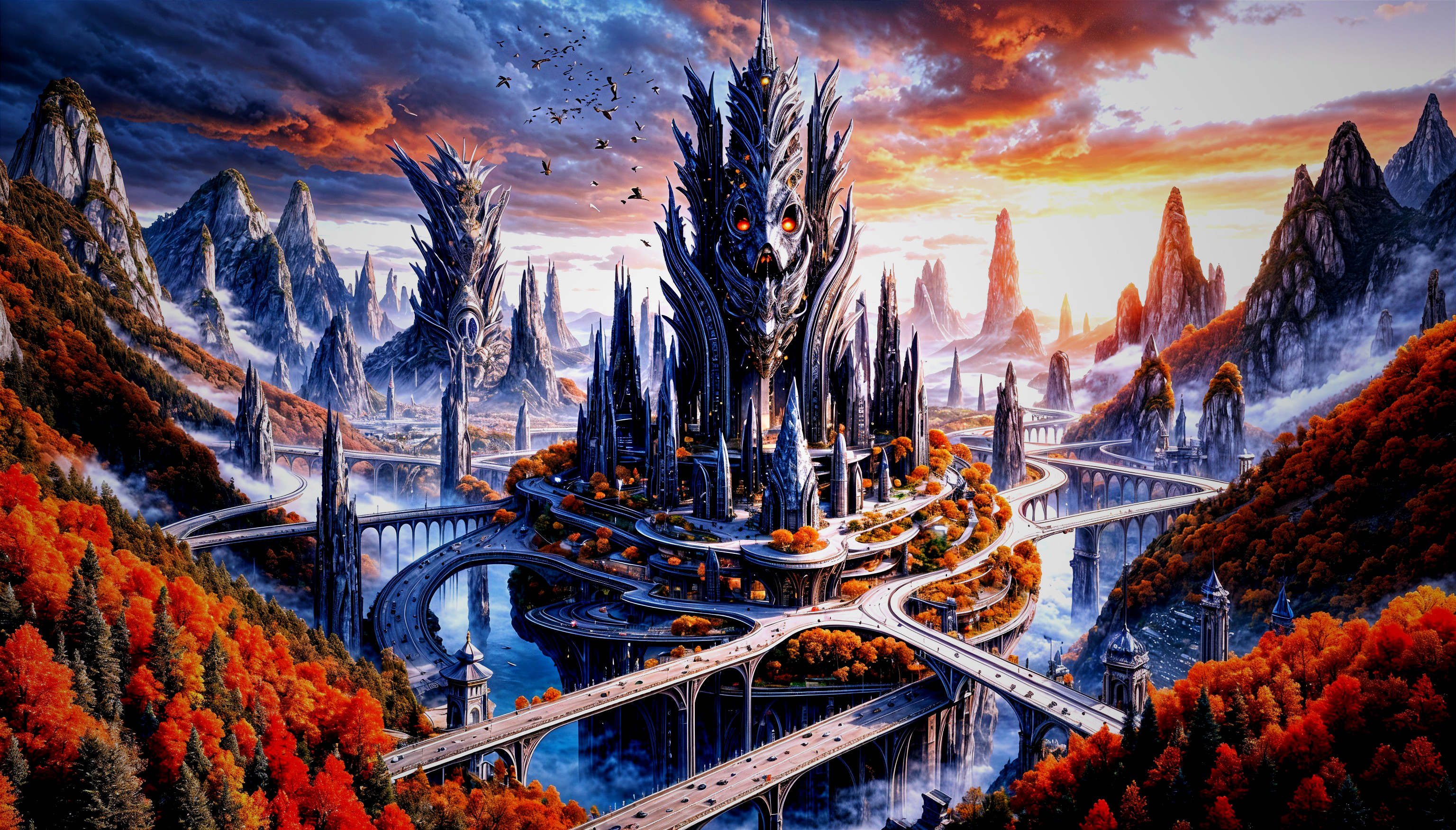 Majestic Fantasy Landscape with Towering City and Mountains