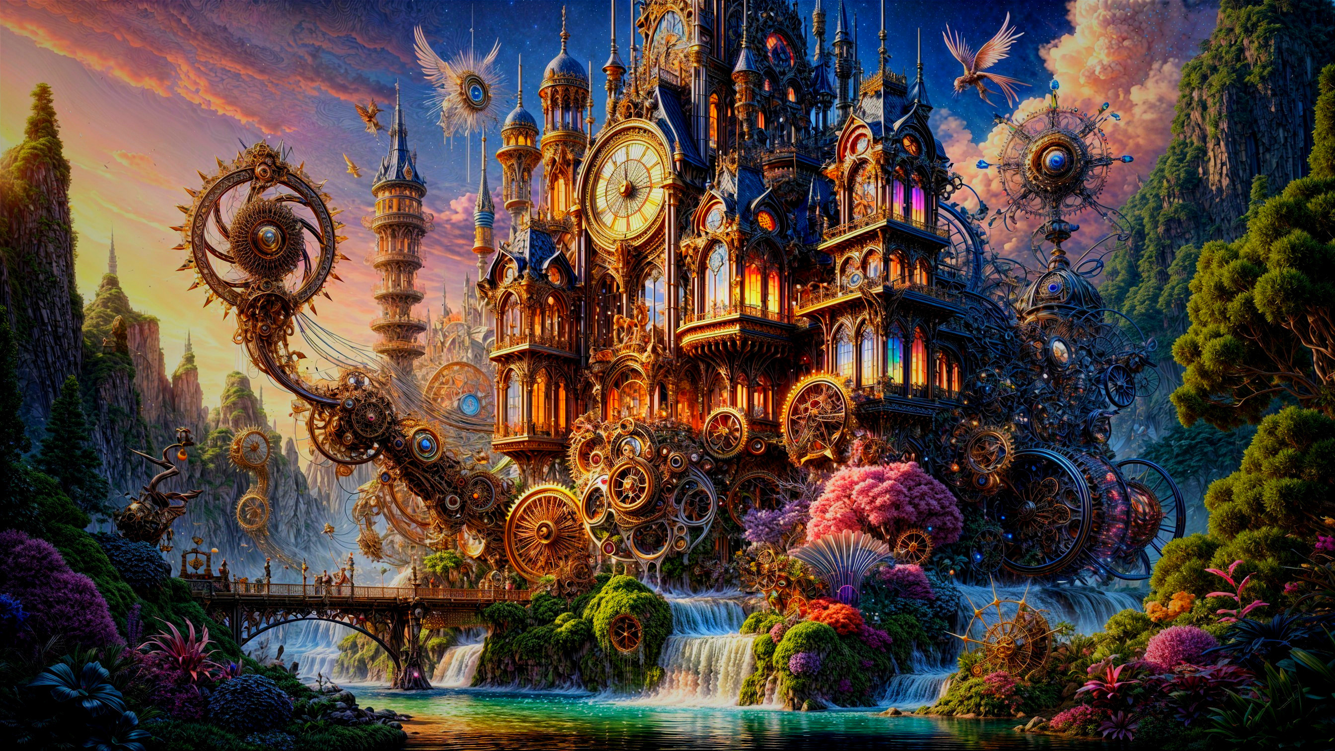 Steampunk Castle Surrounded by Lush Greenery and Waterfalls