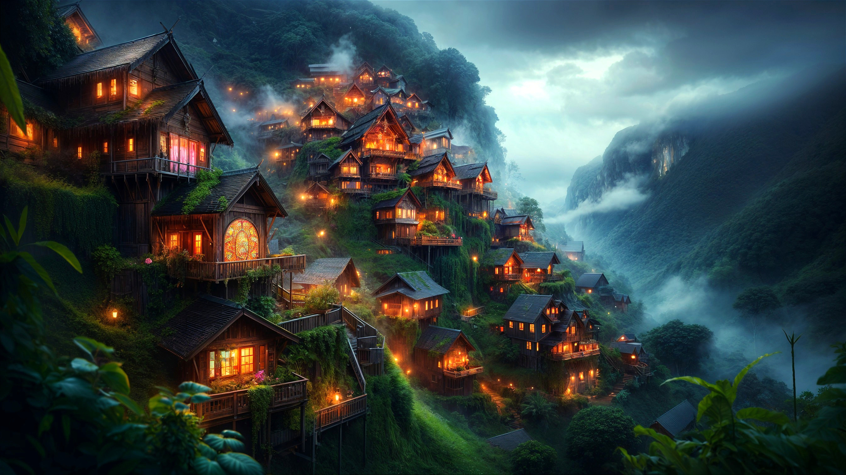 Serene Mountain Village Under Twilight Sky