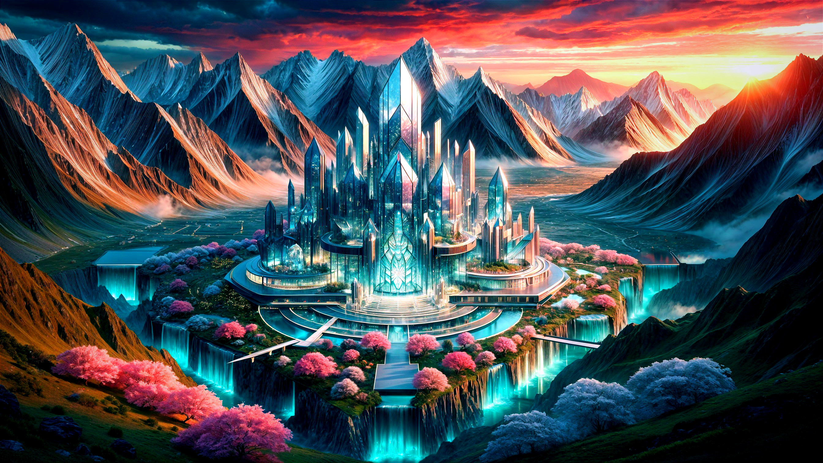 Fantasy Landscape with Crystal Castle and Waterfalls