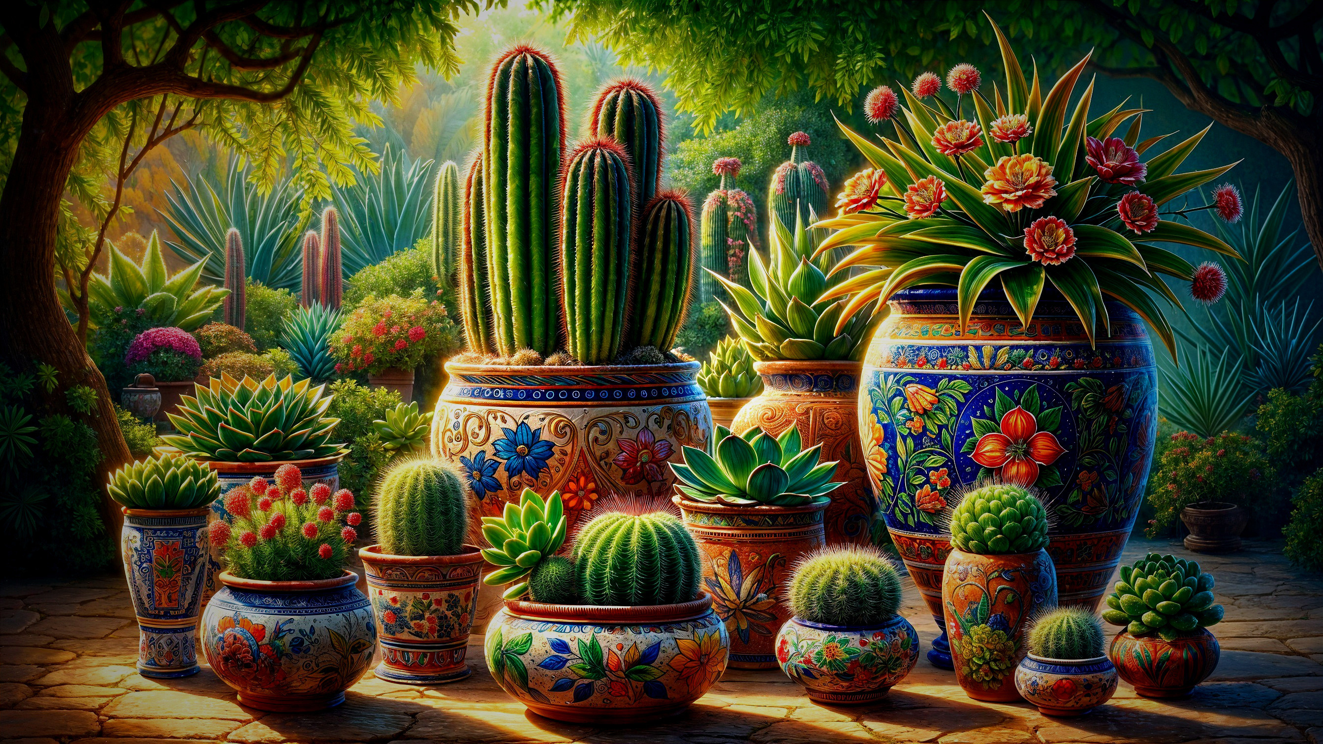 Vibrant Garden Scene with Cacti and Succulents